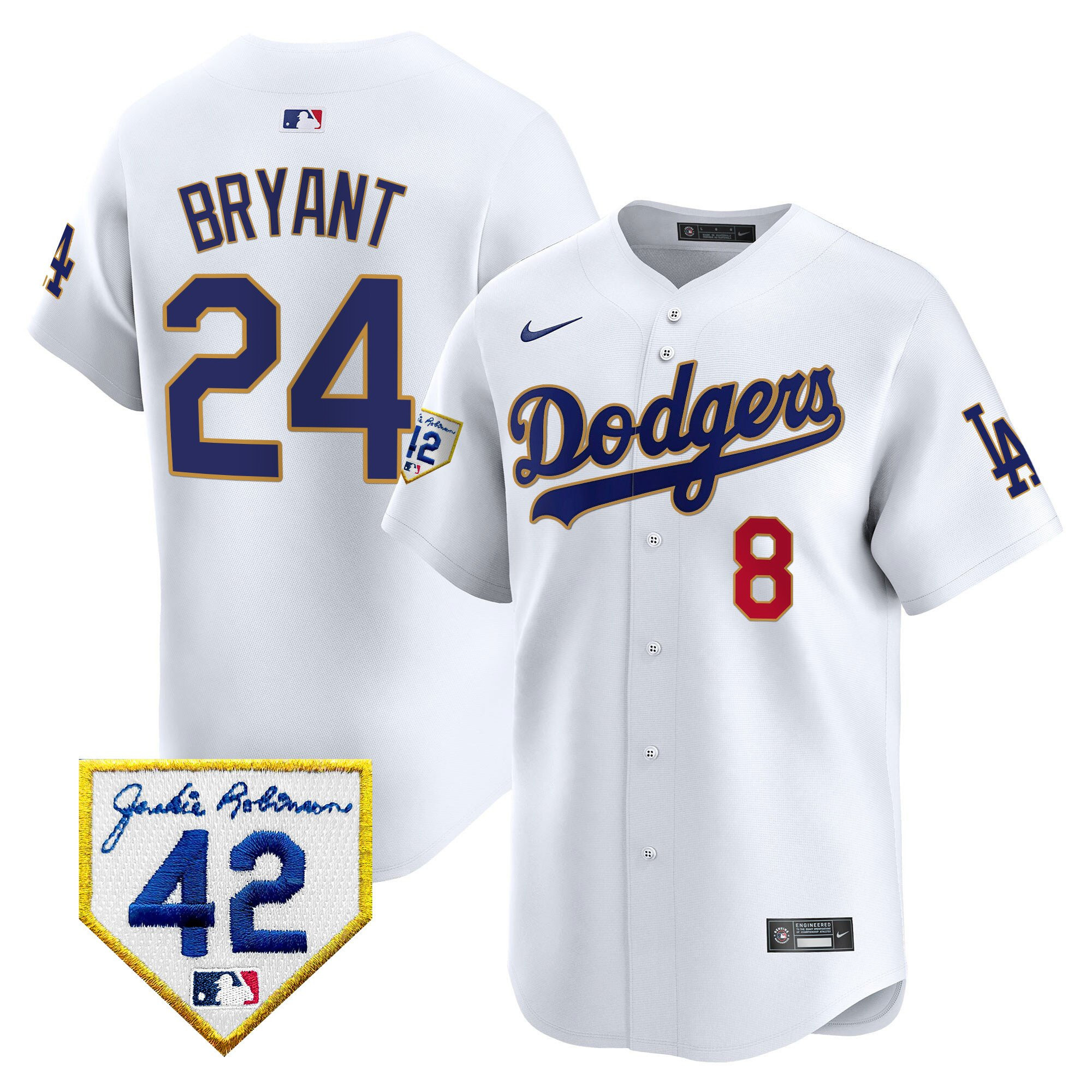 Kobe Bryant 24 Los Angeles Dodgers 2024 Jackie Robinson Patch Men Baseball Jersey - White 