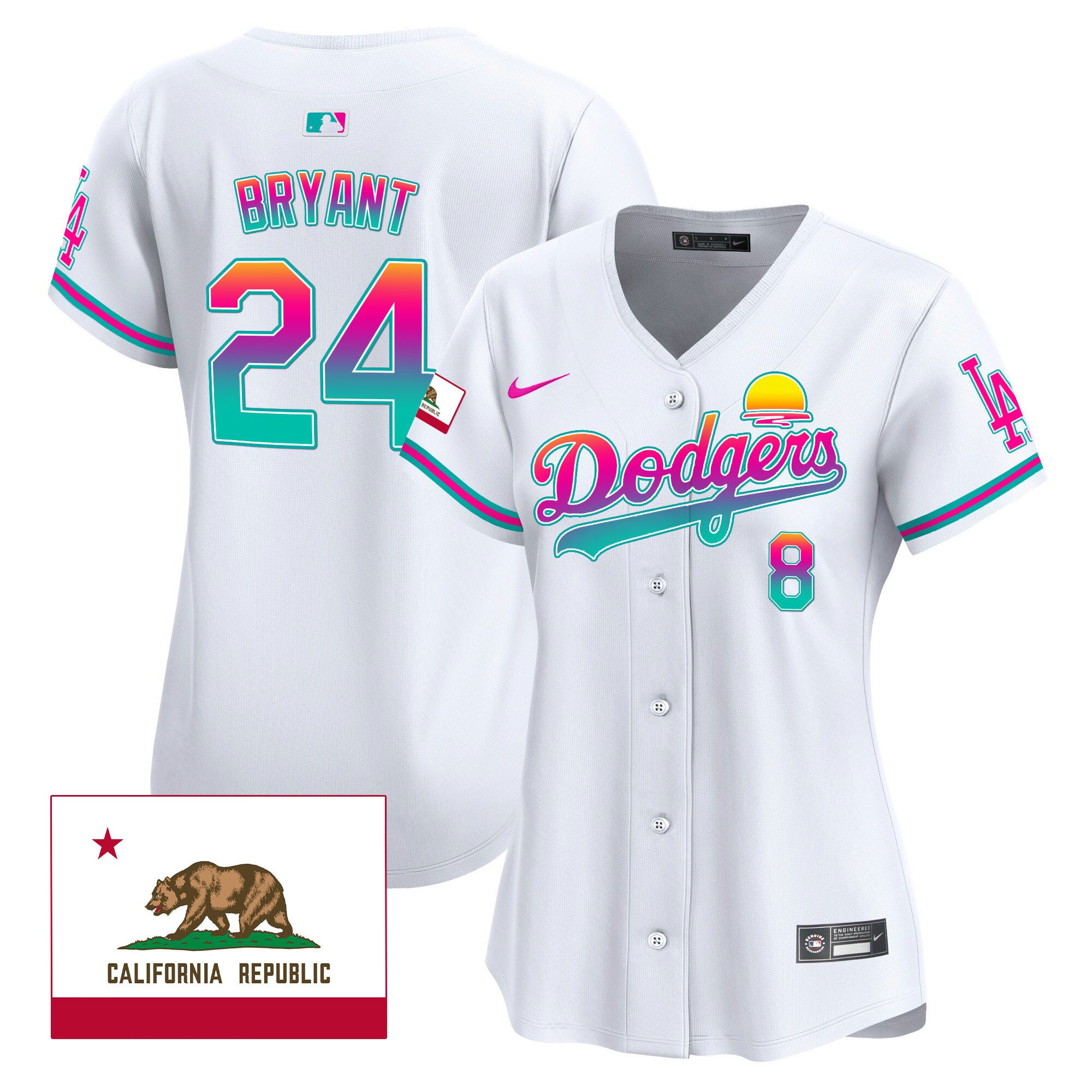 Kobe Bryant 24 Los Angeles Dodgers 2024 Los Angeles City Style California Republic Patch Women Baseball Jersey - White 
