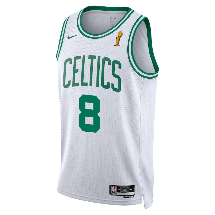 Alternative view of Kristaps Porzingis 8 Boston Celtics 2024 FINALS CHAMPIONS Swingman Basketball Jersey - Association Edition - White - JS819