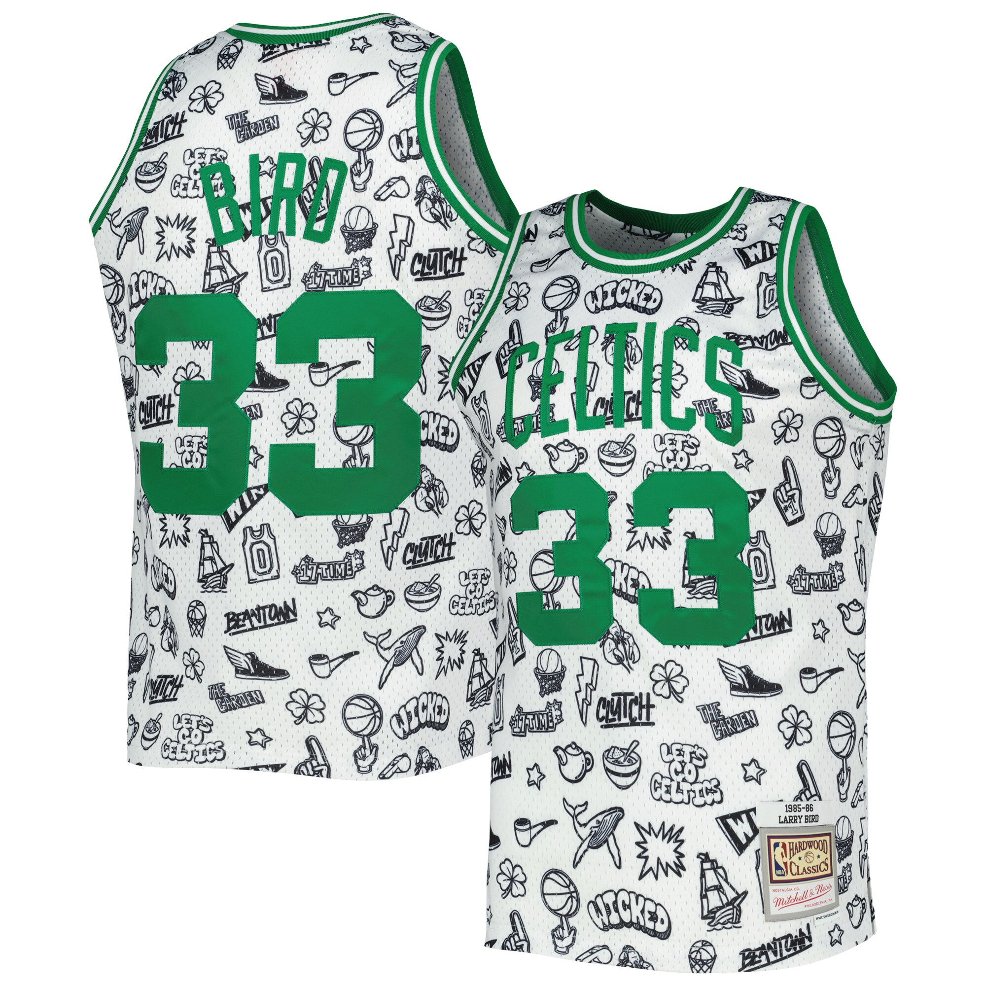 Alternative view of Larry Bird Boston Celtics Mitchell & Ness 1985/86 Hardwood Classics Doodle Swingman Basketball Jersey - White