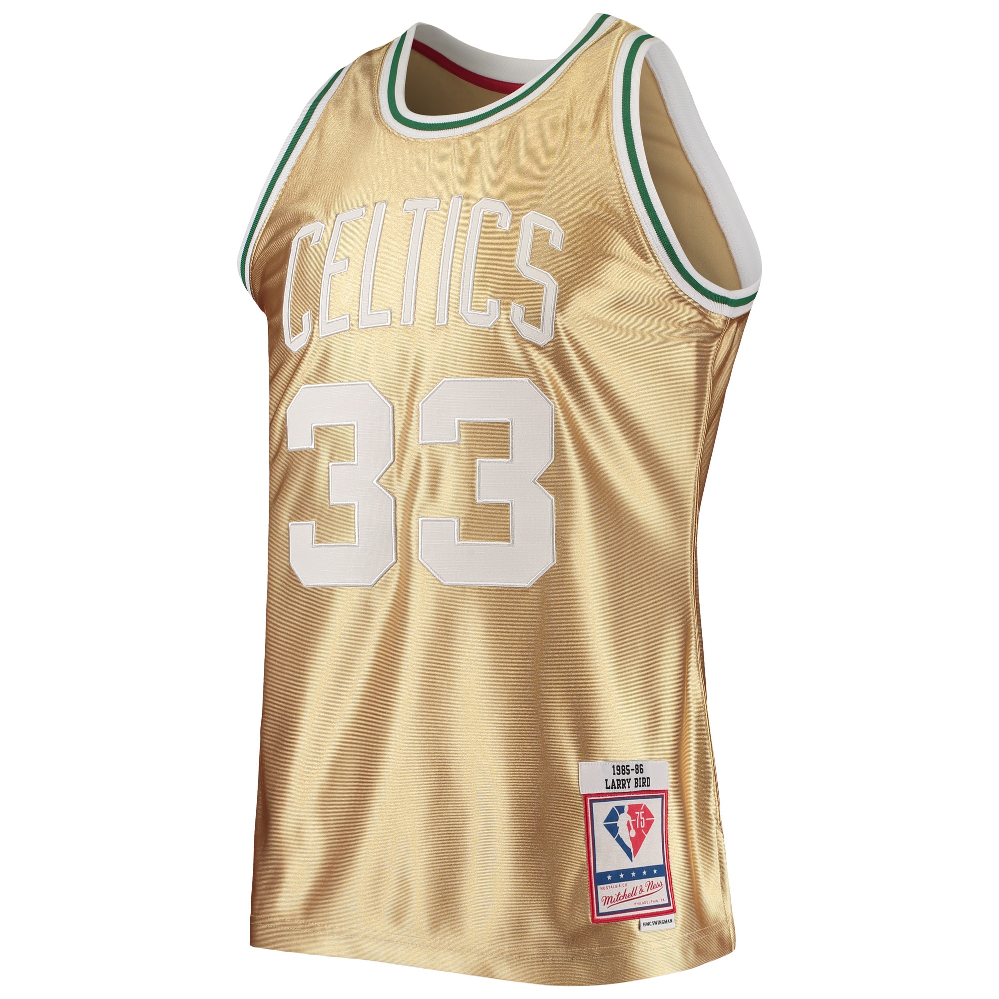 Alternative view of Larry Bird Boston Celtics Mitchell & Ness 75th Anniversary 1985/86 Hardwood Classics Swingman Basketball Jersey - Gold