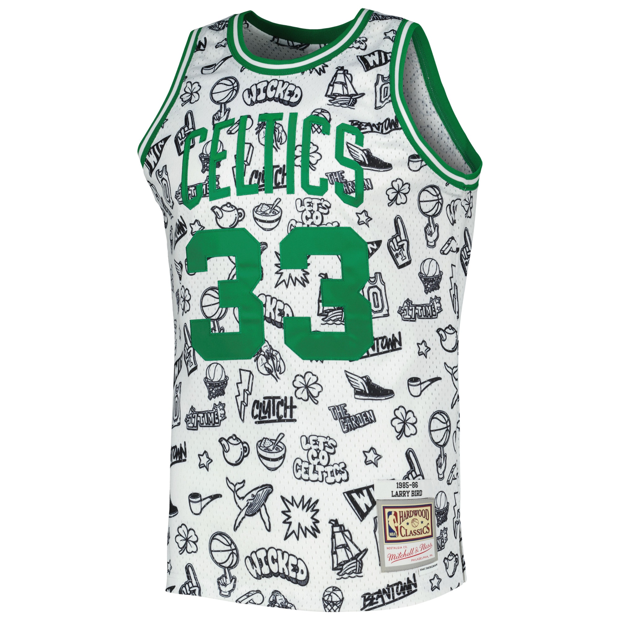 Alternative view of Larry Bird Boston Celtics Mitchell & Ness 1985/86 Hardwood Classics Doodle Swingman Basketball Jersey - White