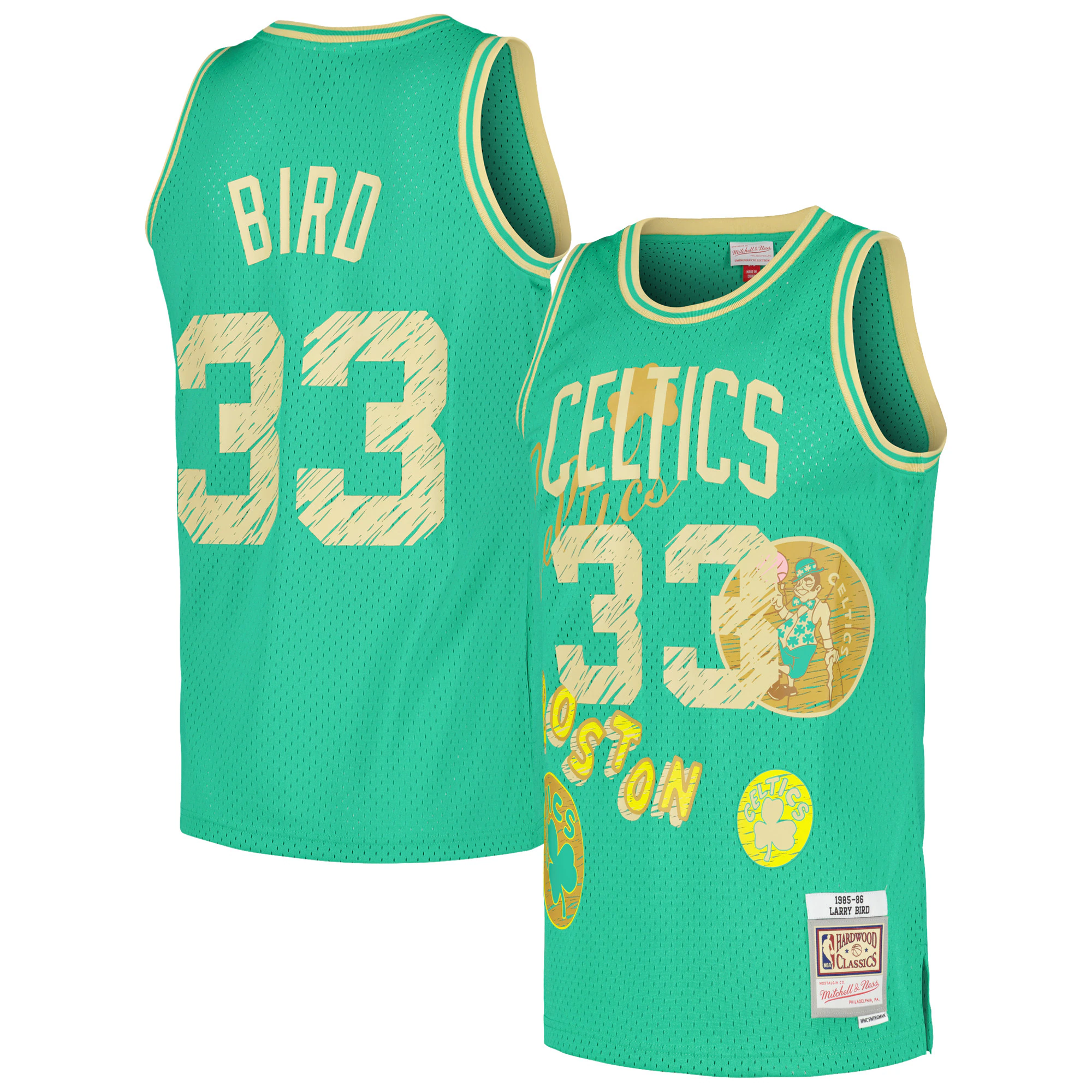 Larry Bird Boston Celtics Mitchell & Ness 1985/86 Swingman Sidewalk Sketch Basketball Jersey - Light Green