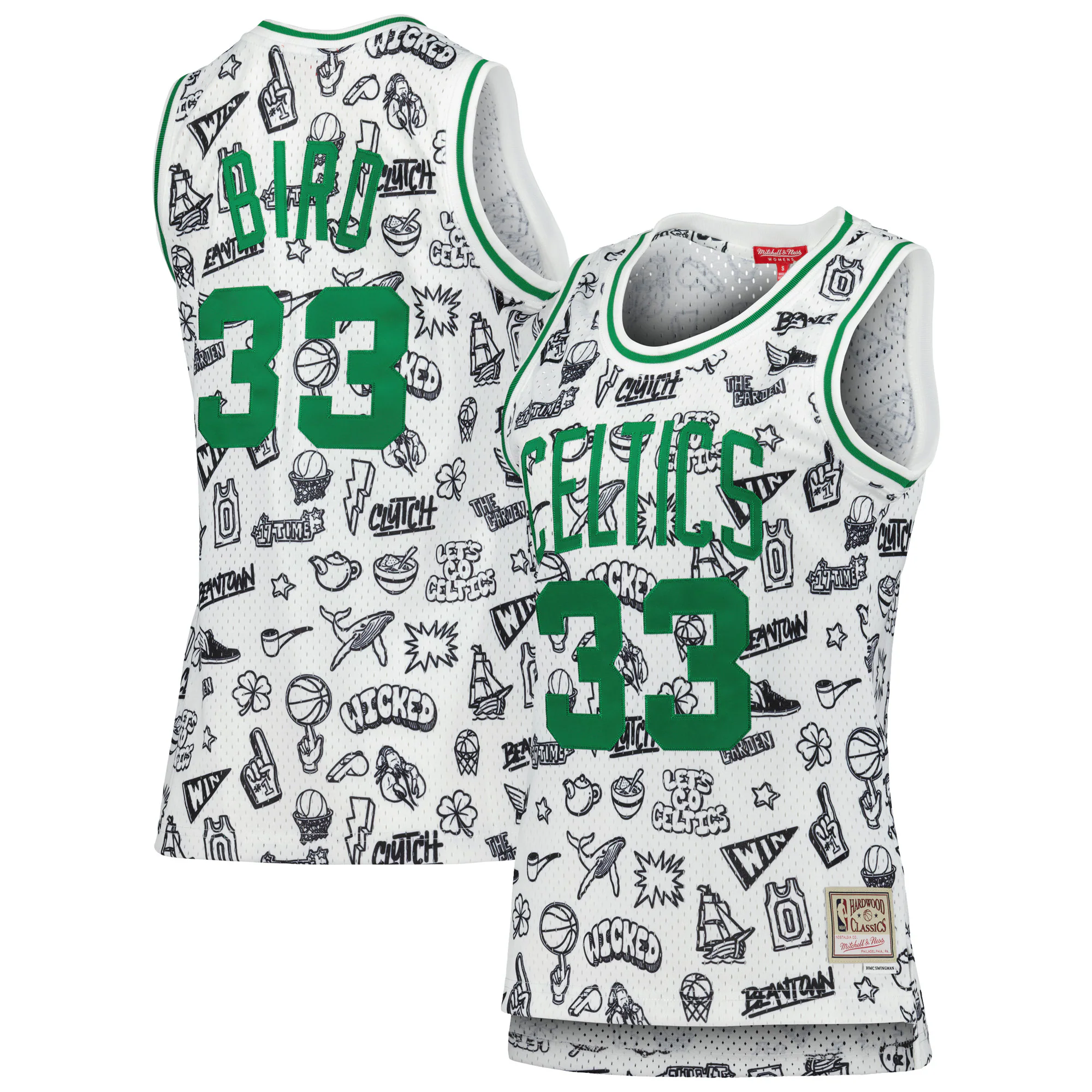 Larry Bird Boston Celtics Mitchell & Ness Women's 1985 Doodle Swingman Basketball Jersey - White