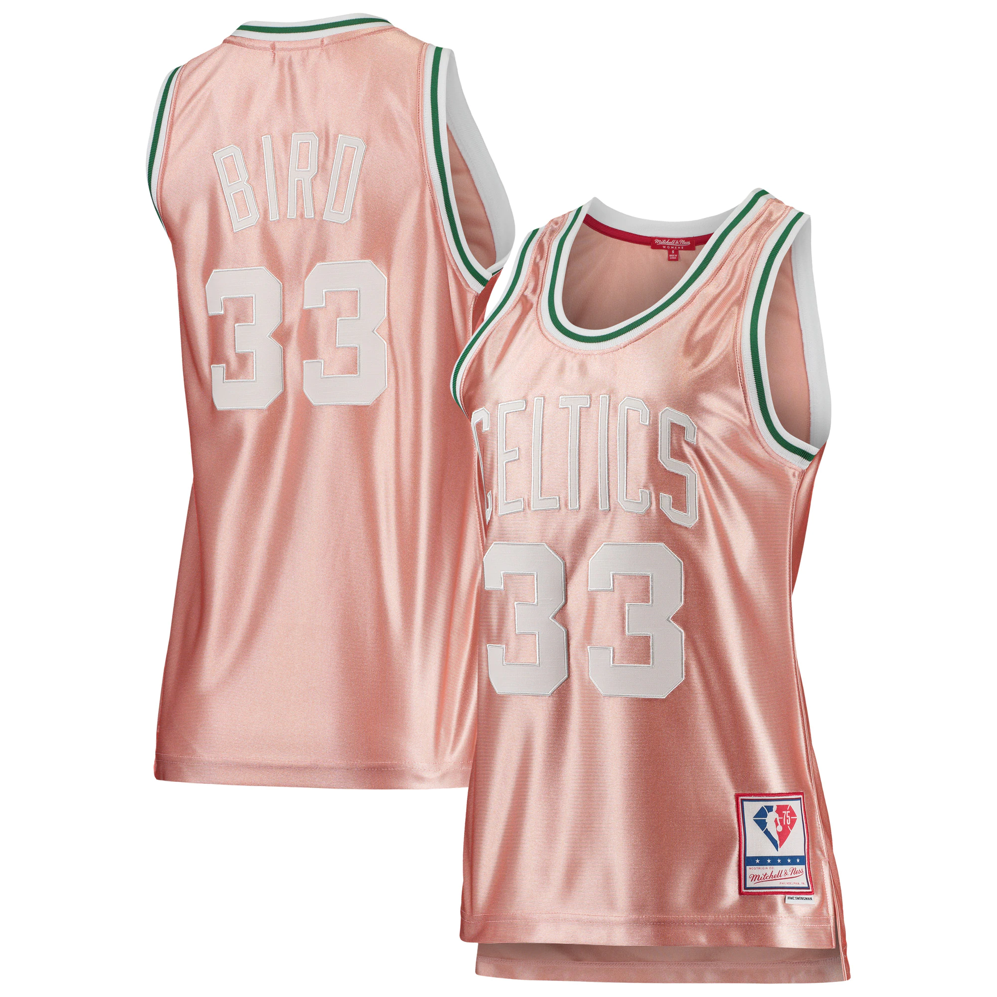 Larry Bird Boston Celtics Mitchell & Ness Women's 75th Anniversary Rose Gold 1985 Swingman Basketball Jersey - Pink
