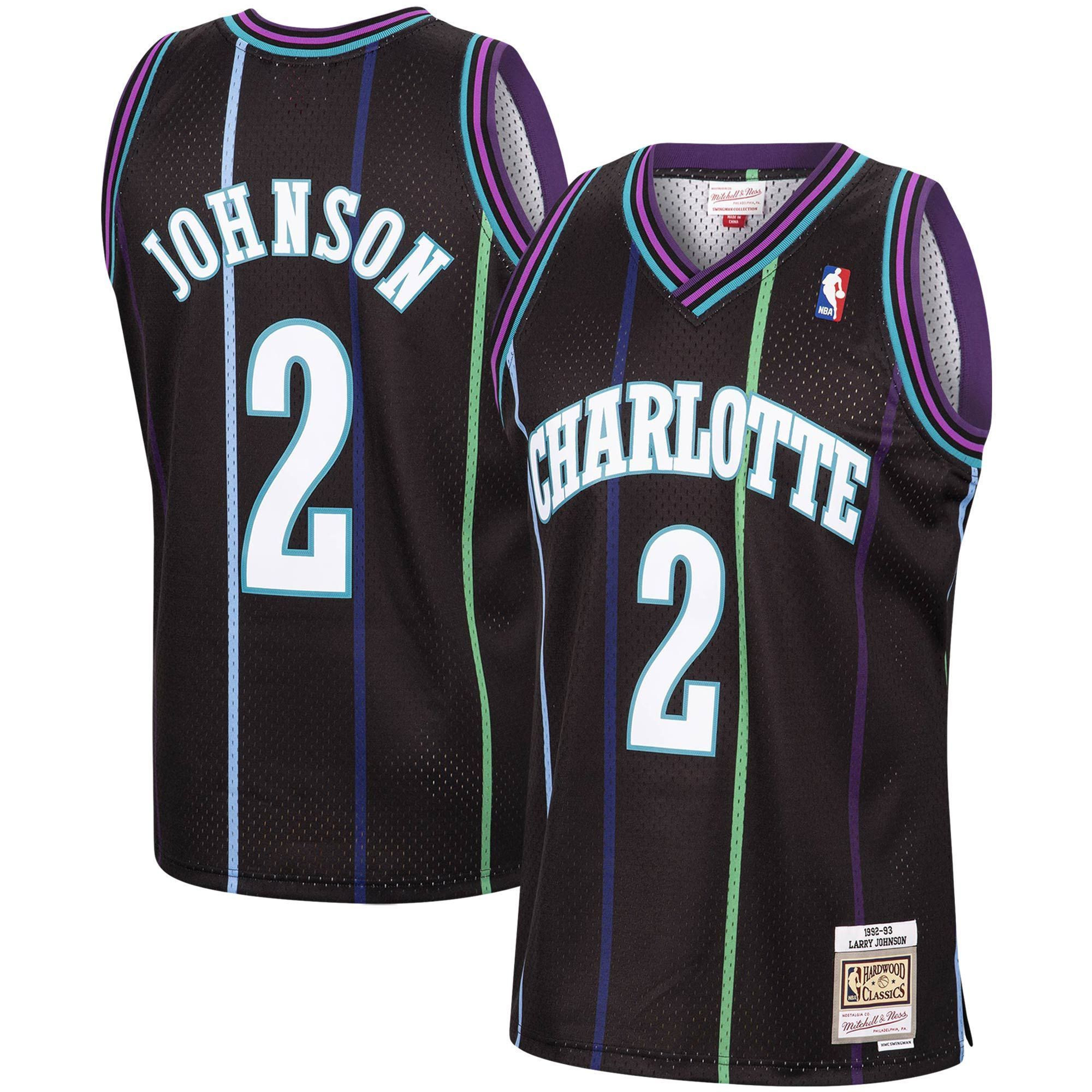 Larry Johnson Charlotte Hornets Mitchell & Ness 1992-93 Hardwood Classics Reload Swingman Basketball Jersey - Black - JS764 