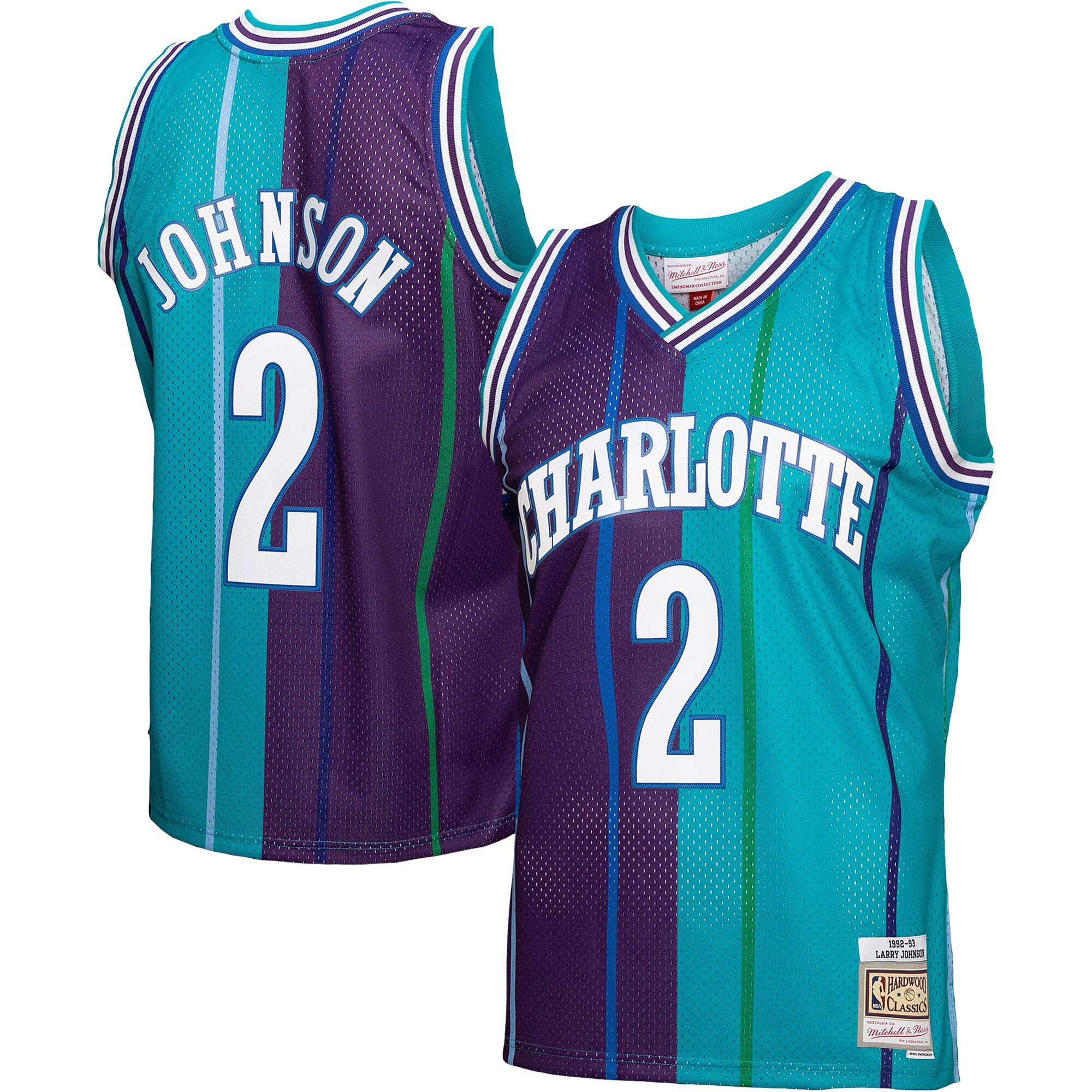 Alternative view of Larry Johnson Charlotte Hornets Mitchell & Ness Hardwood Classics 1992/93 Split Swingman Basketball Jersey - Teal/purple