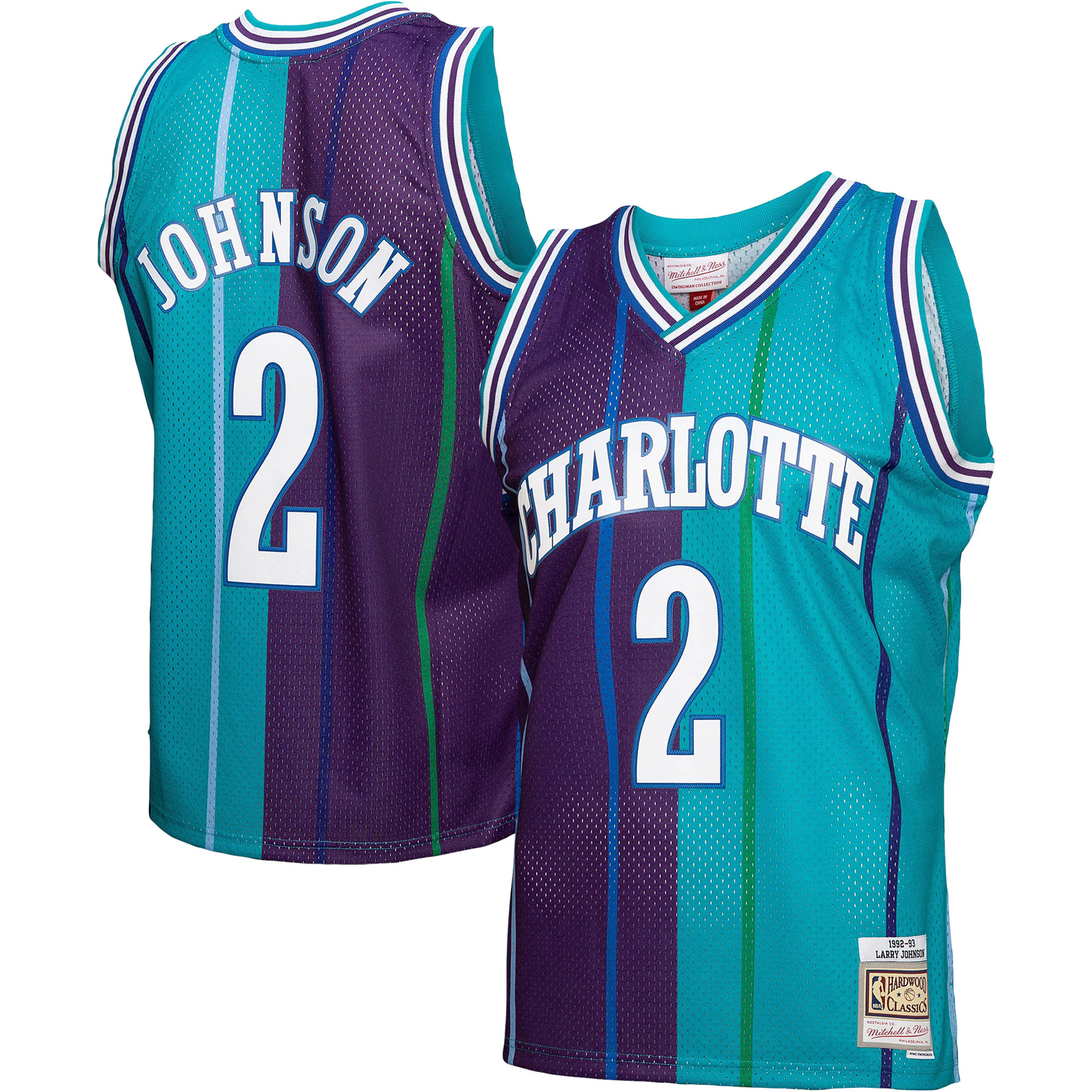 Larry Johnson Charlotte Hornets Mitchell & Ness Hardwood Classics 1992/93 Split Swingman Basketball Jersey - Teal/purple