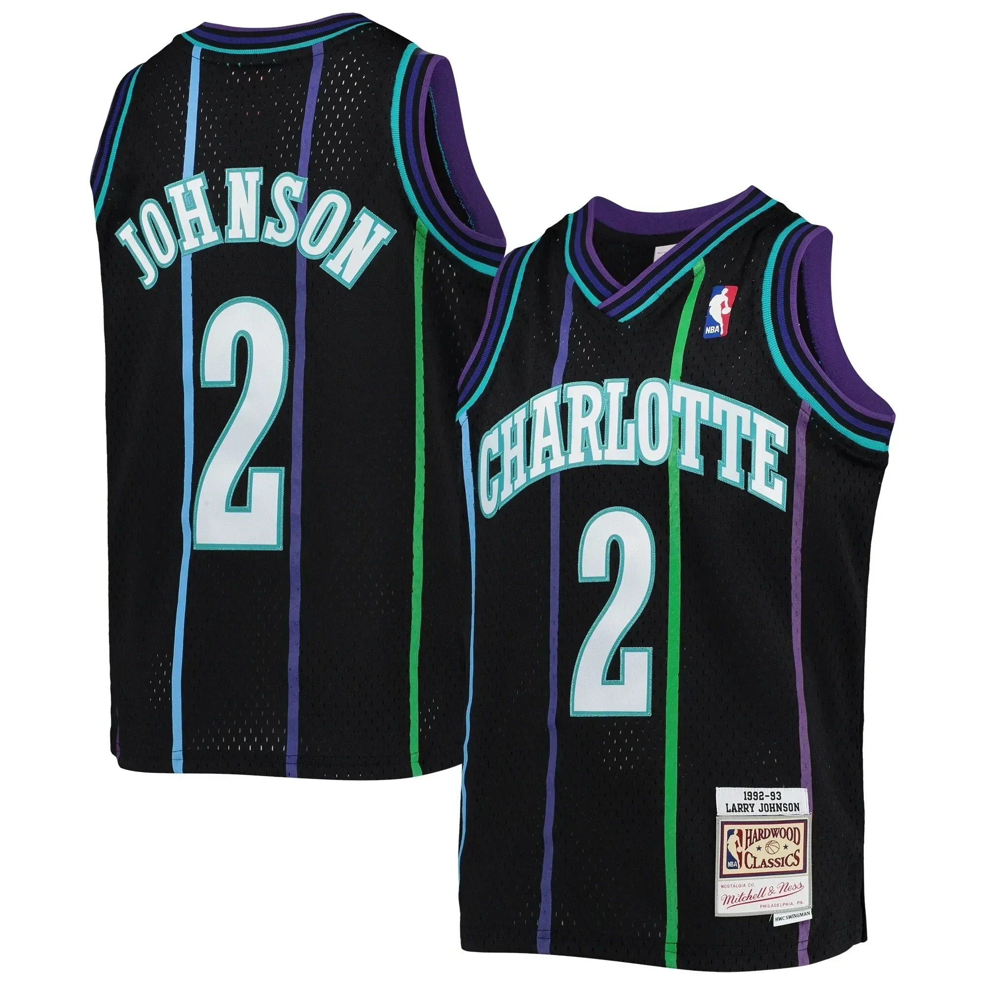 Larry Johnson Charlotte Hornets Mitchell & Ness Youth 1992-93 Hardwood Classics Reload Basketball Jersey – Black - JS428 