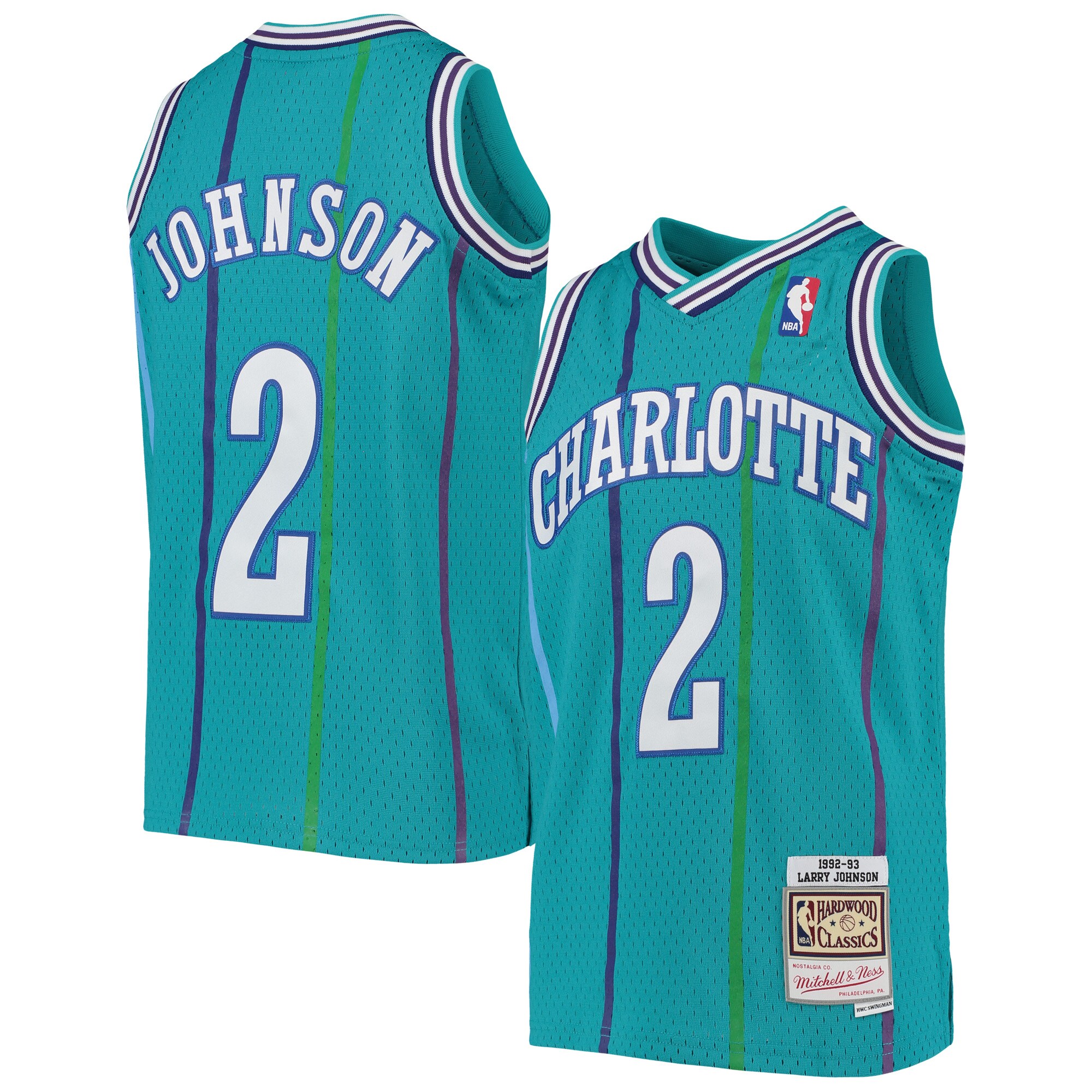Alternative view of Larry Johnson Charlotte Hornets Mitchell & Ness Youth 1992-93 Hardwood Classics Swingman Basketball Jersey - Teal
