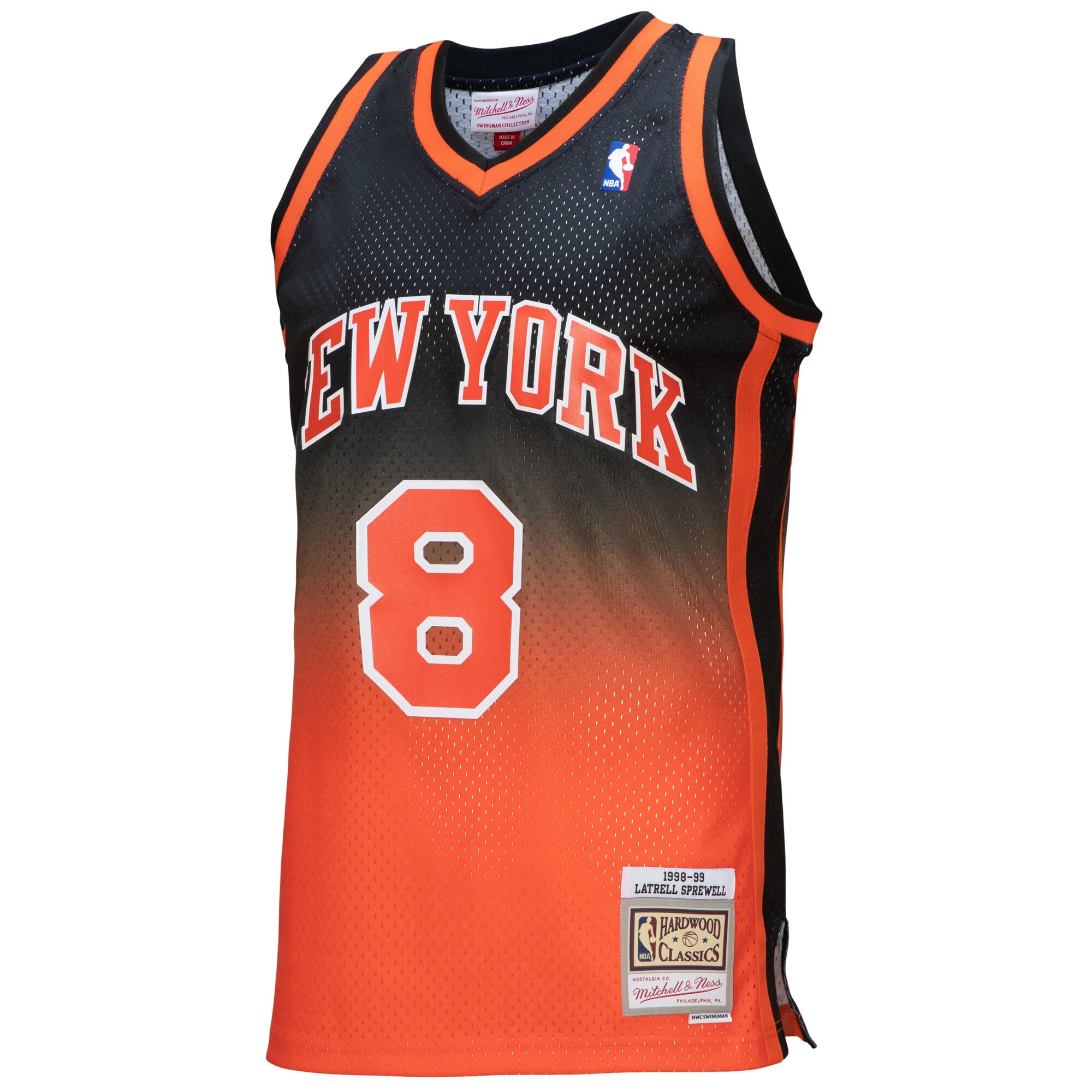 Alternative view of Latrell Sprewell New York Knicks Mitchell & Ness 1998/99 Hardwood Classics Fadeaway Swingman Player Basketball Jersey - Orange/black