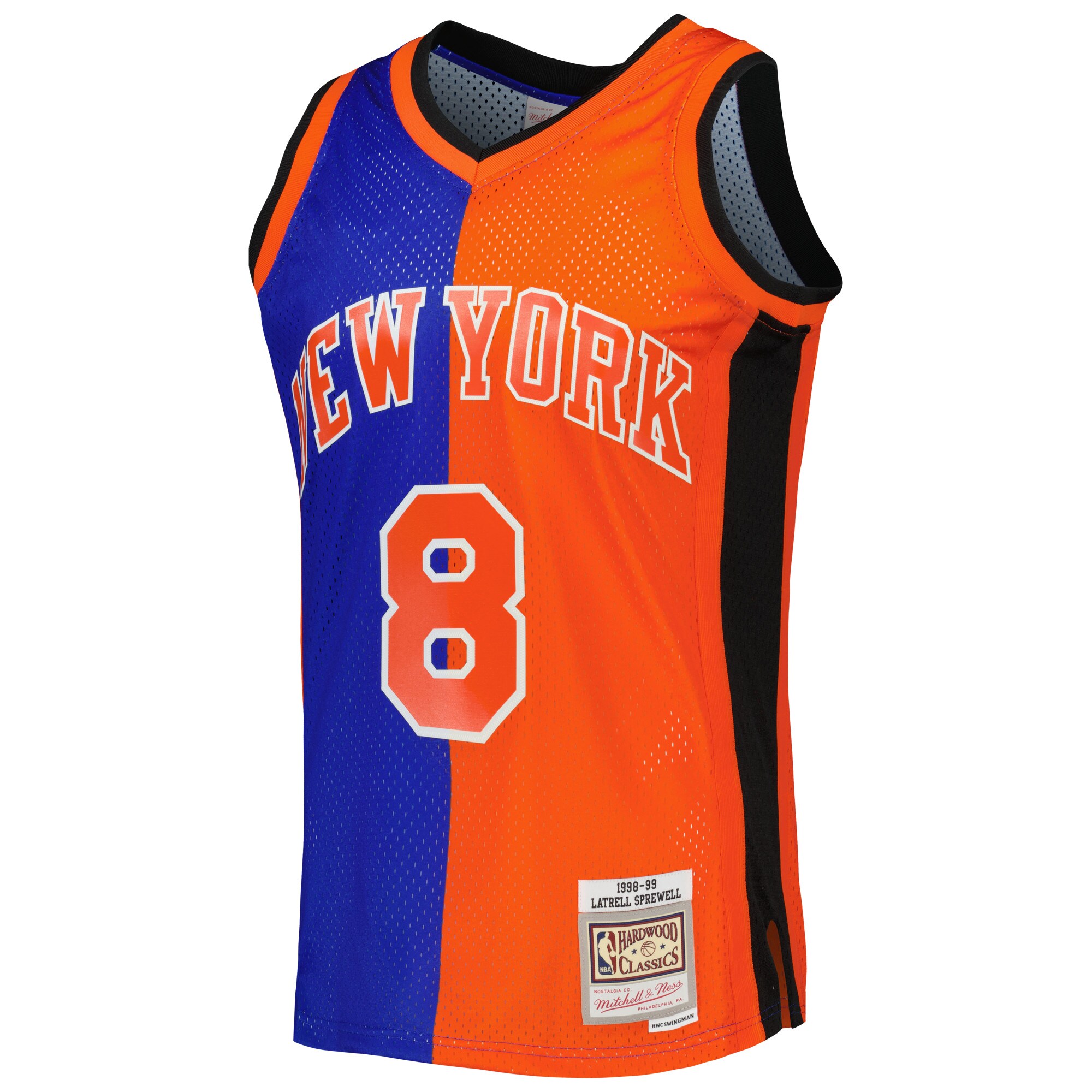Alternative view of Latrell Sprewell New York Knicks Mitchell & Ness Hardwood Classics 1998/99 Split Swingman Basketball Jersey - Blue/orange
