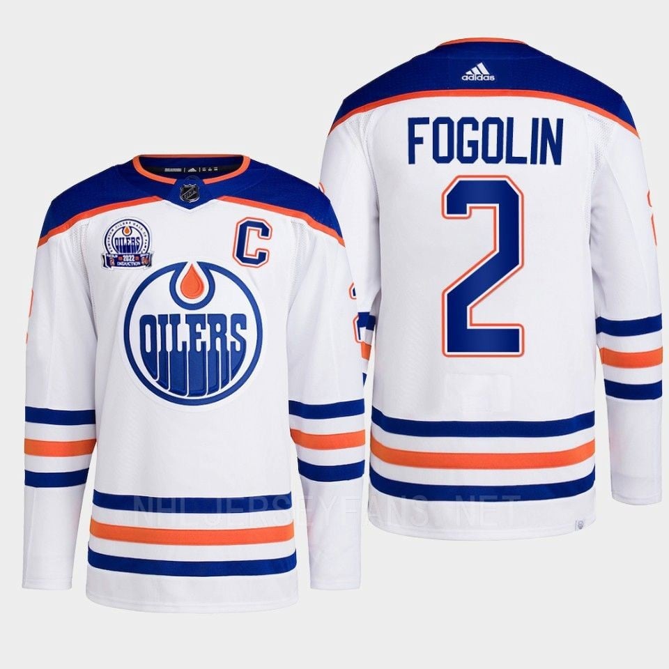 Lee Fogolin 2 Edmonton Oilers White Hockey Jersey 2022 Hall Of Fame Patch Away - JS994 