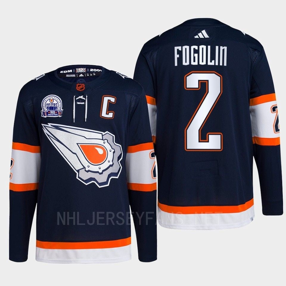 Lee Fogolin 2 Hall of Fame patch 2022 Edmonton Oilers Navy Hockey Jersey Reverse Retro 2.0 - JS907 