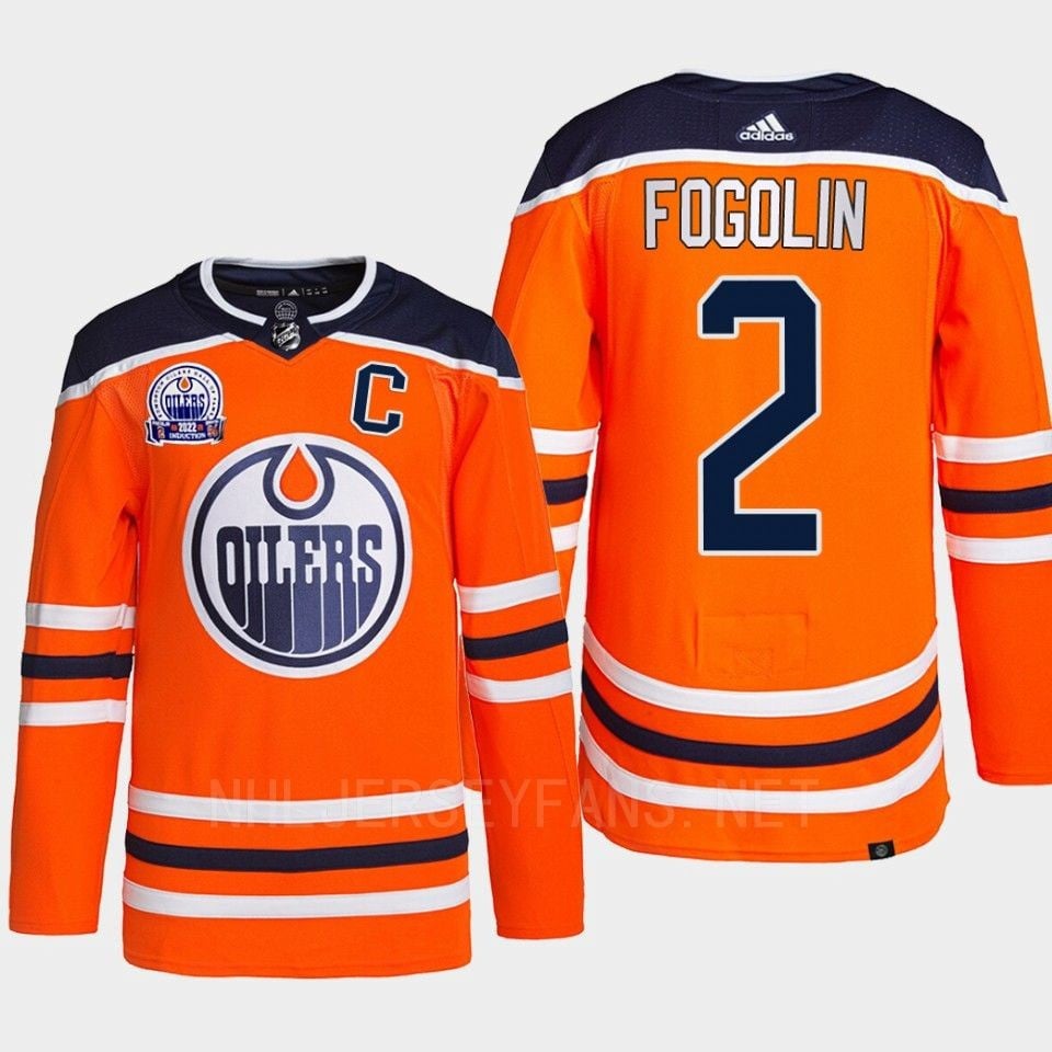 Lee Fogolin 2 Hall Of Fame Patch 2022 Edmonton Oilers Orange Hockey Jersey - JS377 
