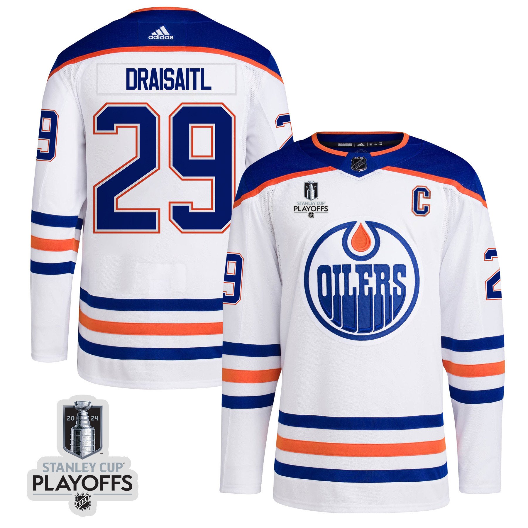 Leon Draisaitl 29 Edmonton Oilers 2024 NHL Playoffs Patch Away Hockey Jersey - Men, White - JS413 