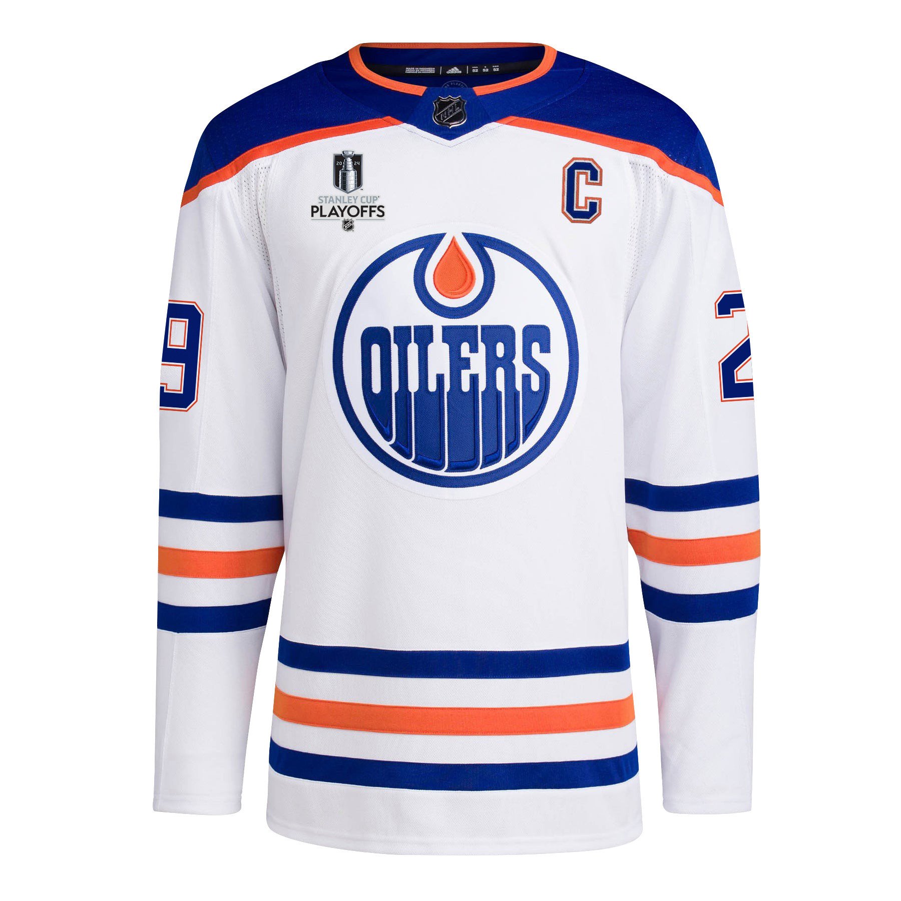 Alternative view of Leon Draisaitl 29 Edmonton Oilers 2024 NHL Playoffs Patch Away Hockey Jersey - Men, White - JS413 