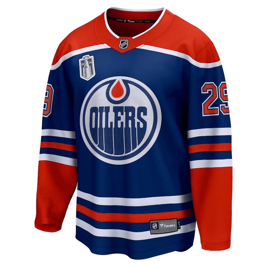 Alternative view of Leon Draisaitl 29 Edmonton Oilers 2024 Stanley Cup Final Home Breakaway Player Hockey Jersey - Royal - JS422 