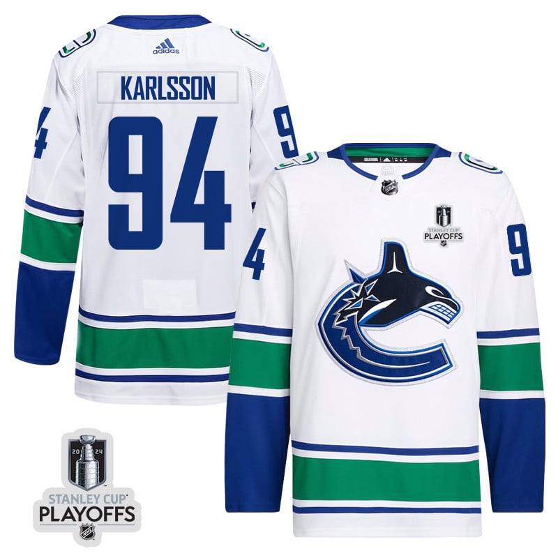 Linus Karlsson 94 Vancouver Canucks 2024 NHL Playoffs Patch Away Hockey Jersey - Men, White - JS291 