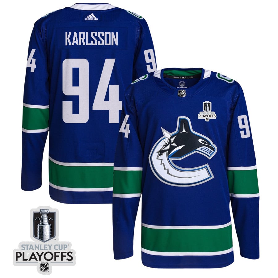 Linus Karlsson 94 Vancouver Canucks 2024 NHL Playoffs Patch Home Hockey Jersey - Men, Blue - JS281 