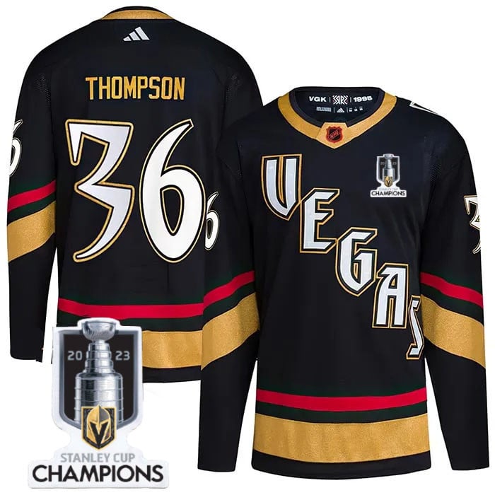 Logan Thompson 33 Vegas Golden Knights 2023 Stanley Cup Champions Patch Special Edition 2.0 Breakaway Hockey Jersey - Black - JS458 
