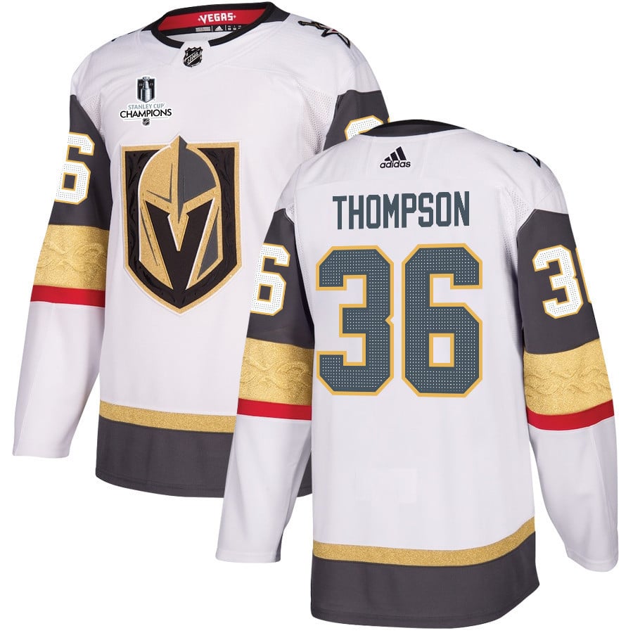 Logan Thompson 36 Vegas Golden Knights Stanley Cup 2023 Champions Patch Away Breakaway Men Hockey Jersey - White - JS206 