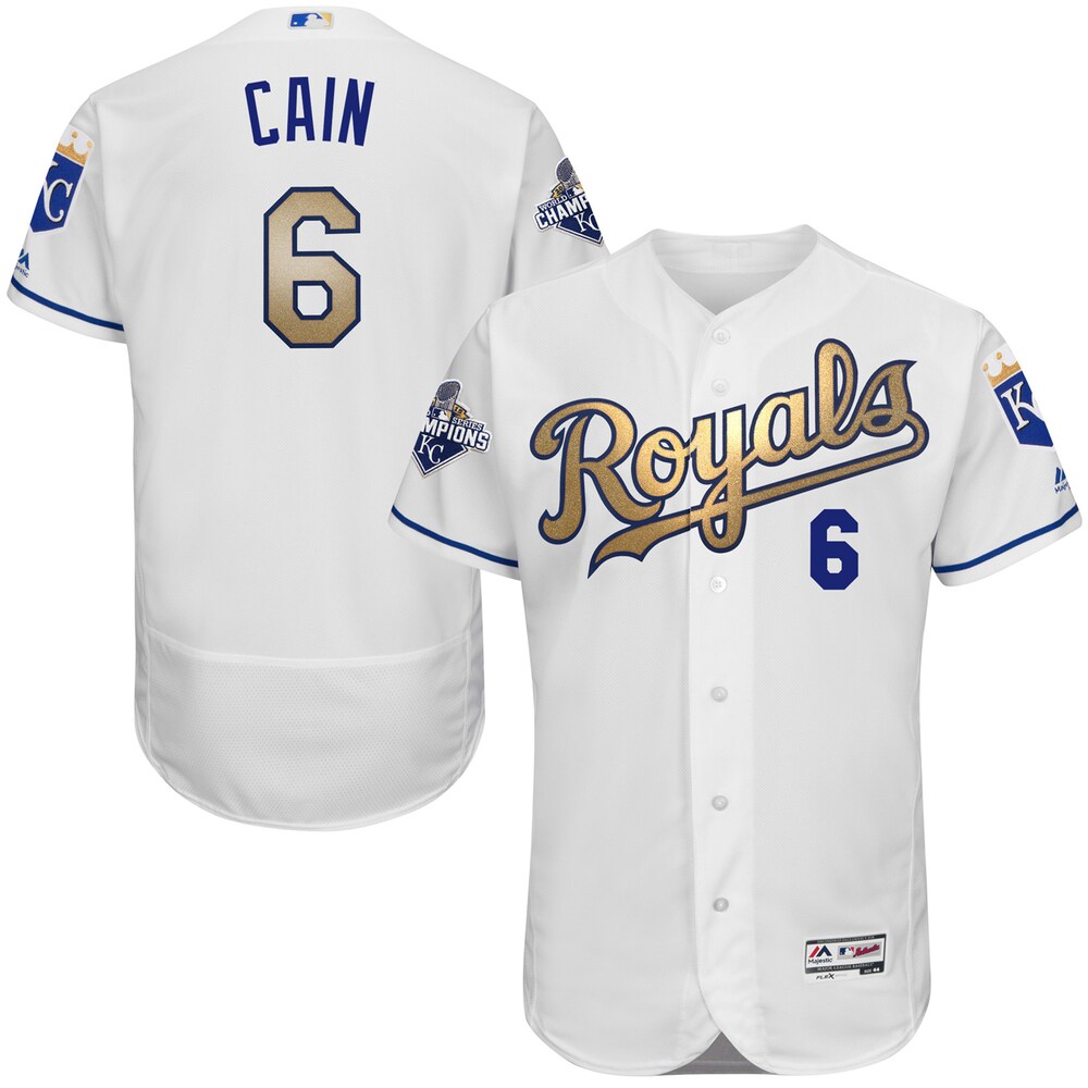 Lorenzo Cain Kansas City Royals Majestic Home 2015 World Series Champions Gold Program Flex Base Player Baseball Jersey - White