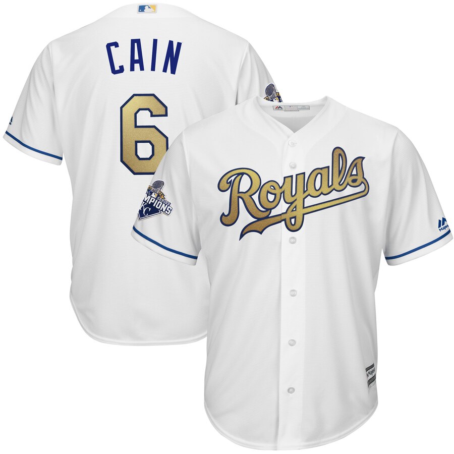 Lorenzo Cain Kansas City Royals Majestic World Series Champions Gold Program Cool Base Player Baseball Jersey – White