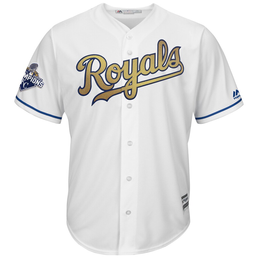 Alternative view of Lorenzo Cain Kansas City Royals Majestic World Series Champions Gold Program Cool Base Player Baseball Jersey – White