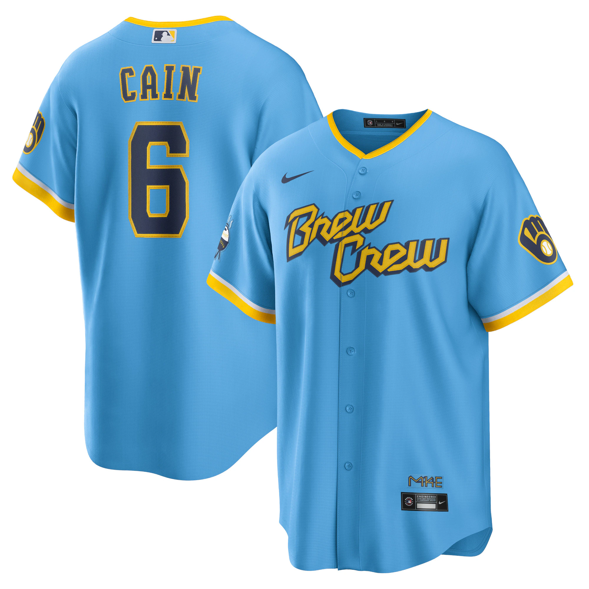 Alternative view of Lorenzo Cain Milwaukee Brewers 2022 City Connect Replica Player Jersey – Powder Blue
