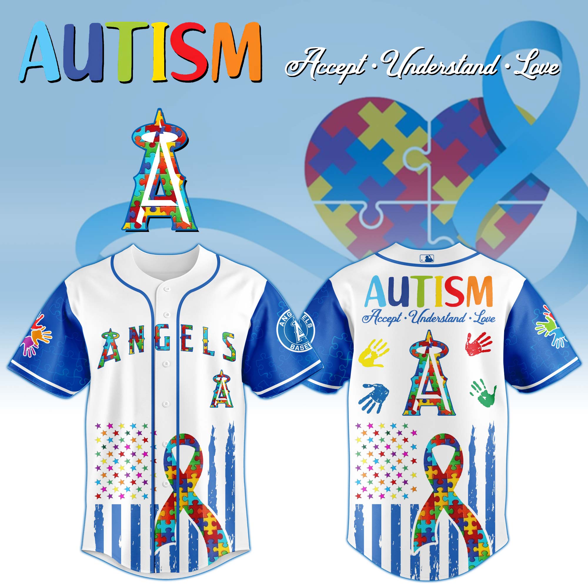 Los Angeles Angels Mlb X Autism Awareness Month Custom Baseball Jersey