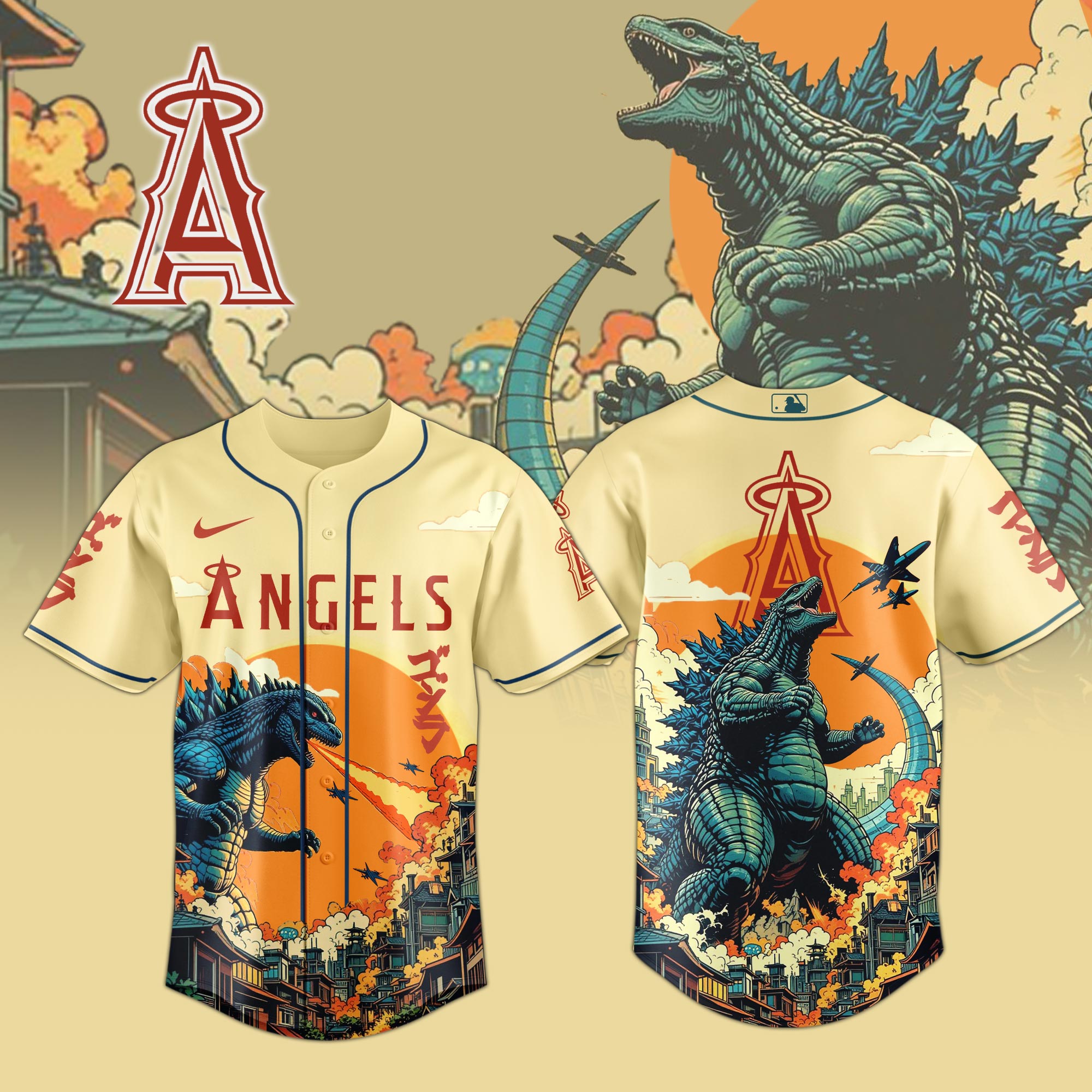 Los Angeles Angels Mlb X Godzilla Attack Custom Baseball Jersey