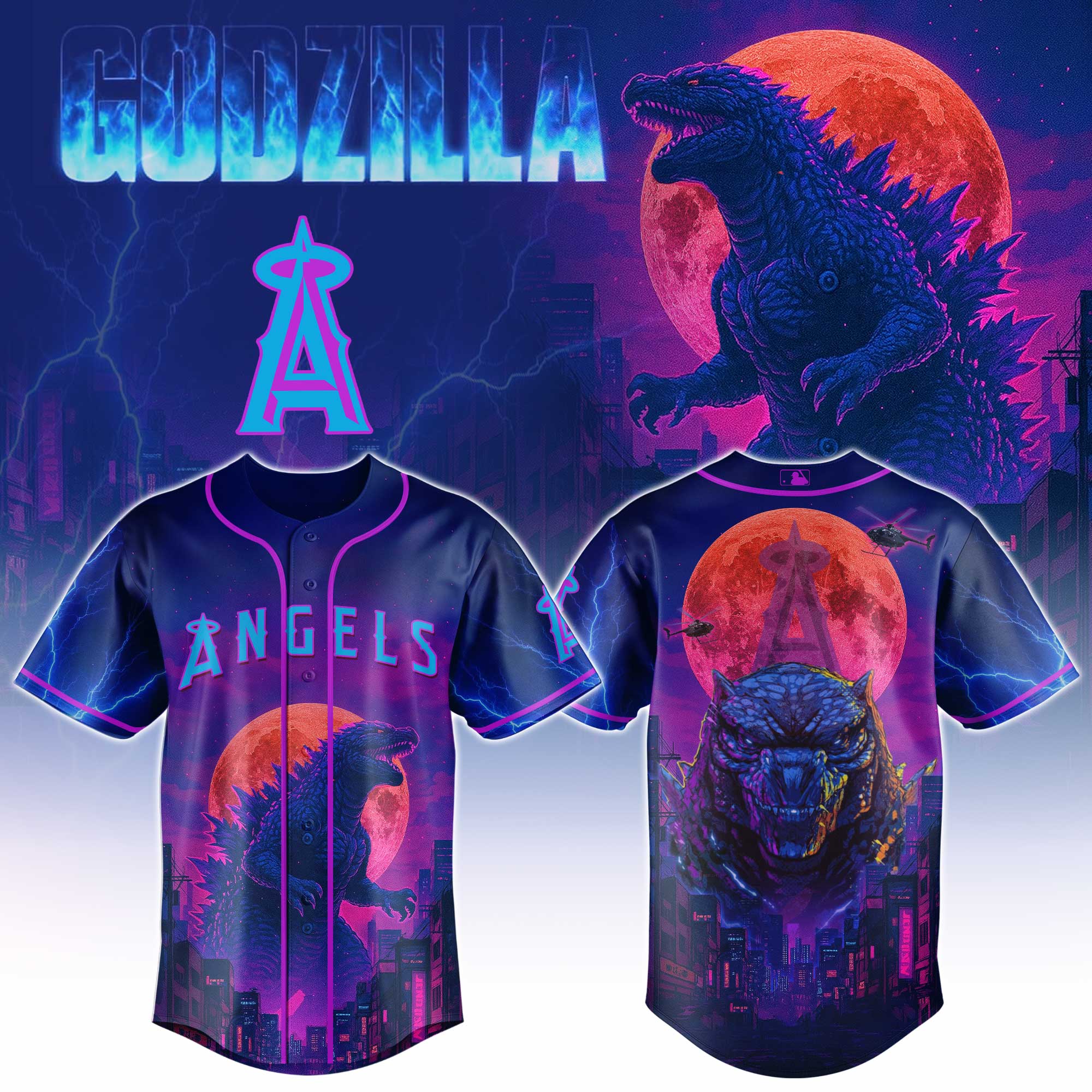 Los Angeles Angels Mlb X Godzilla Neon City Custom Baseball Jersey