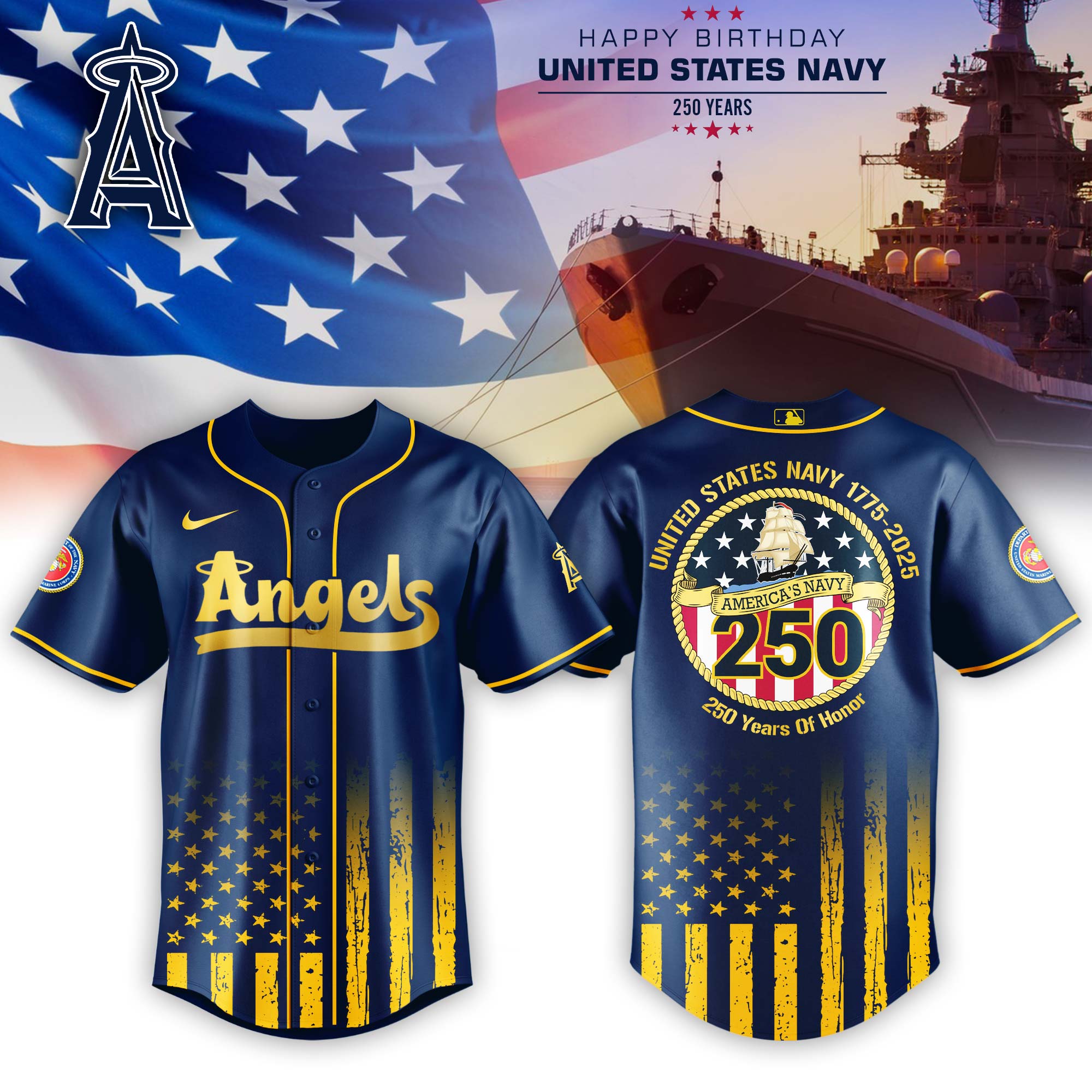 Los Angeles Angels Mlb X Usa Happy Birthday Usa Navy Custom Baseball Jersey