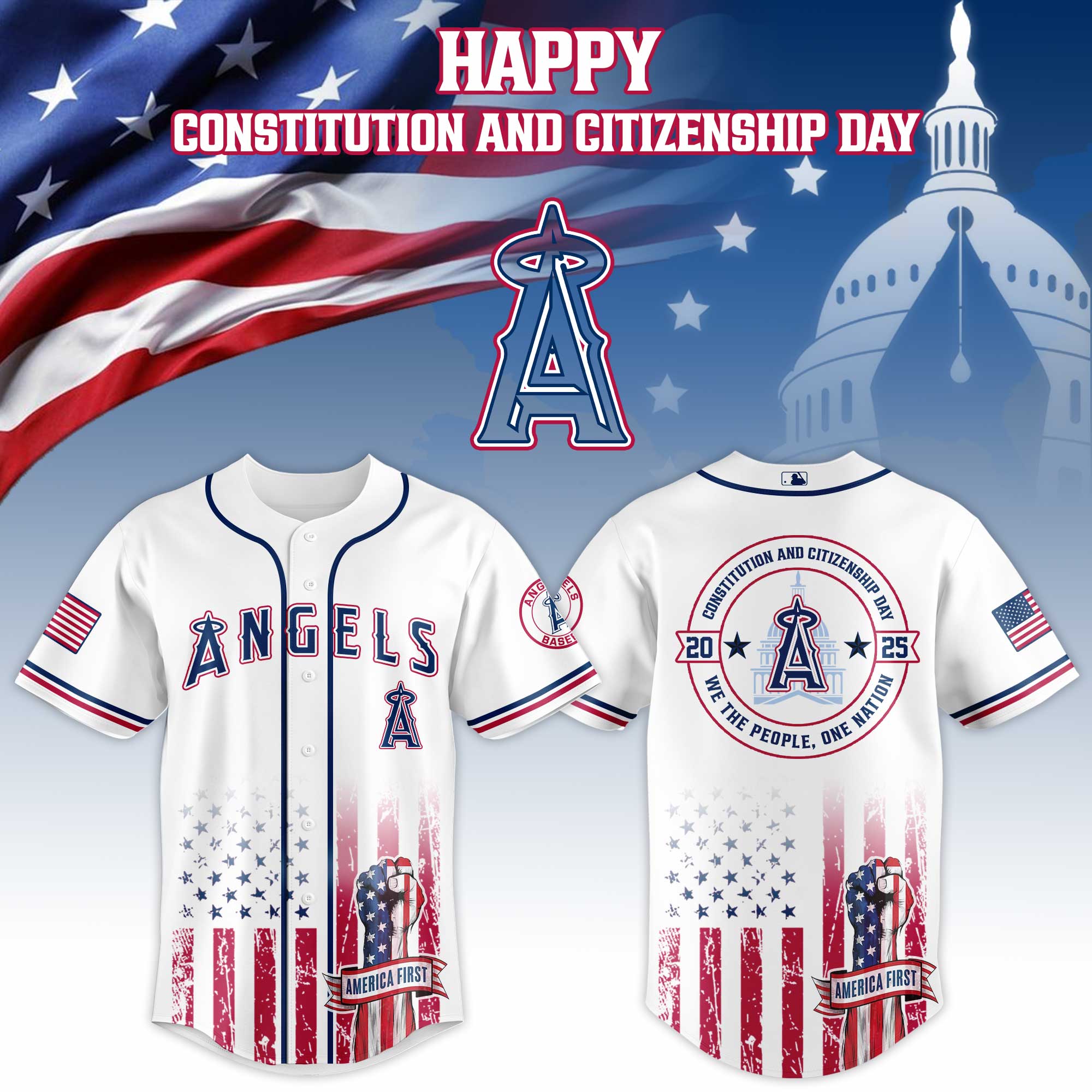 Los Angeles Angels Mlb X Usa Happy Constitution And Citizenship Day Custom Baseball Jersey