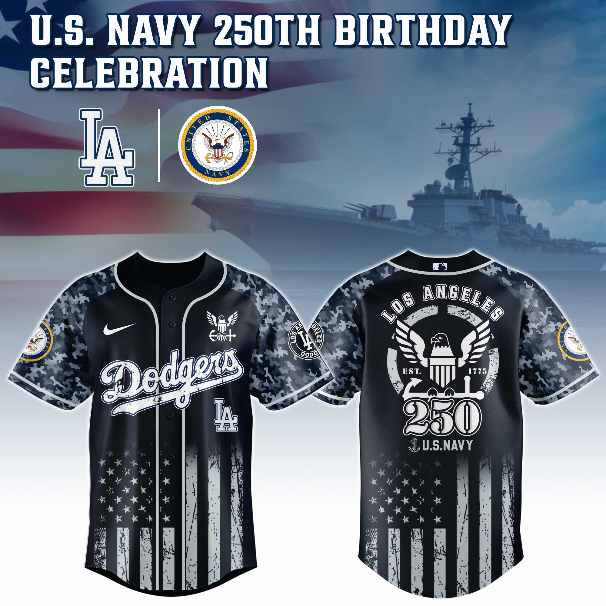 Los Angeles Dodgers Mlb X 250 U.s. Navy Custom Baseball Jersey