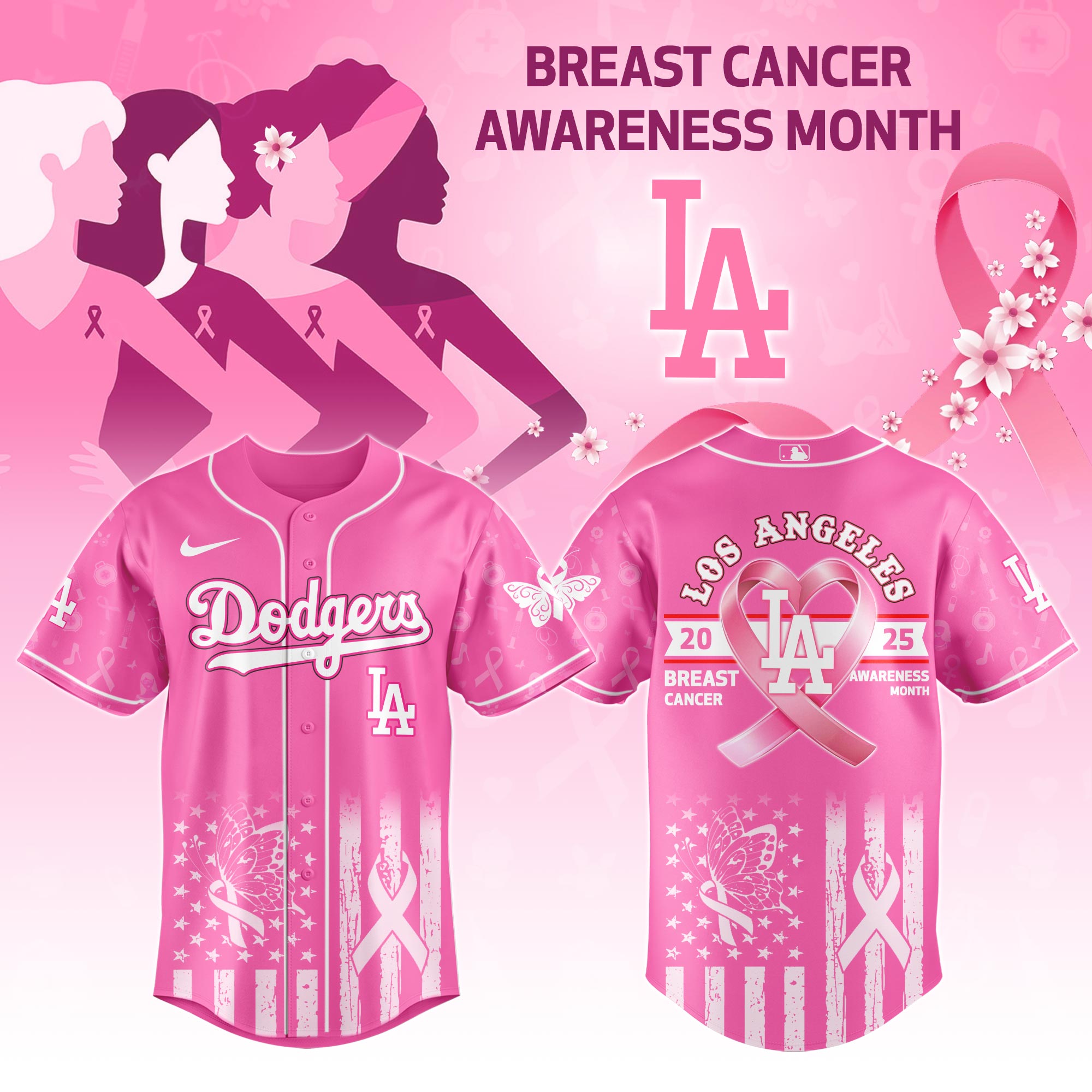 Los Angeles Dodgers Mlb X Breast Cancer Awareness Month Custom Baseball Jersey