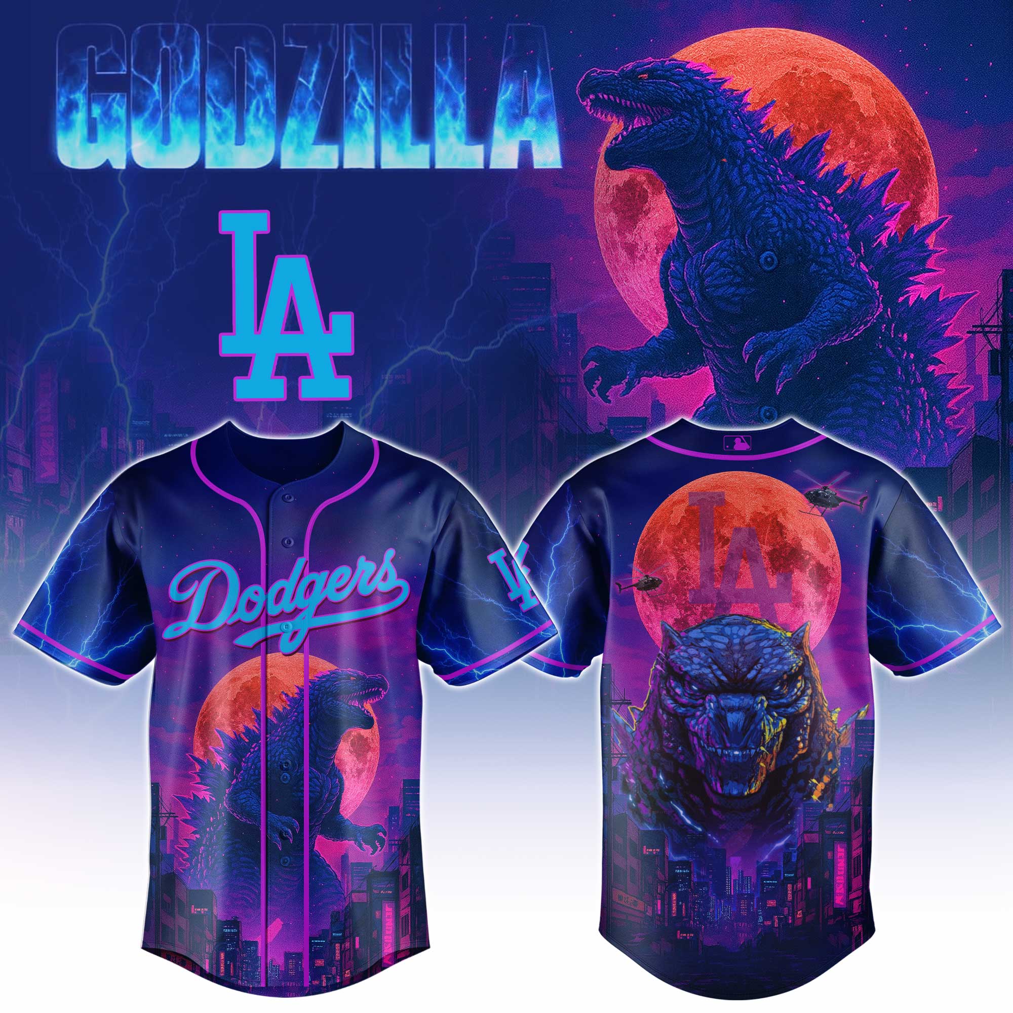 Los Angeles Dodgers Mlb X Godzilla Neon City Custom Baseball Jersey