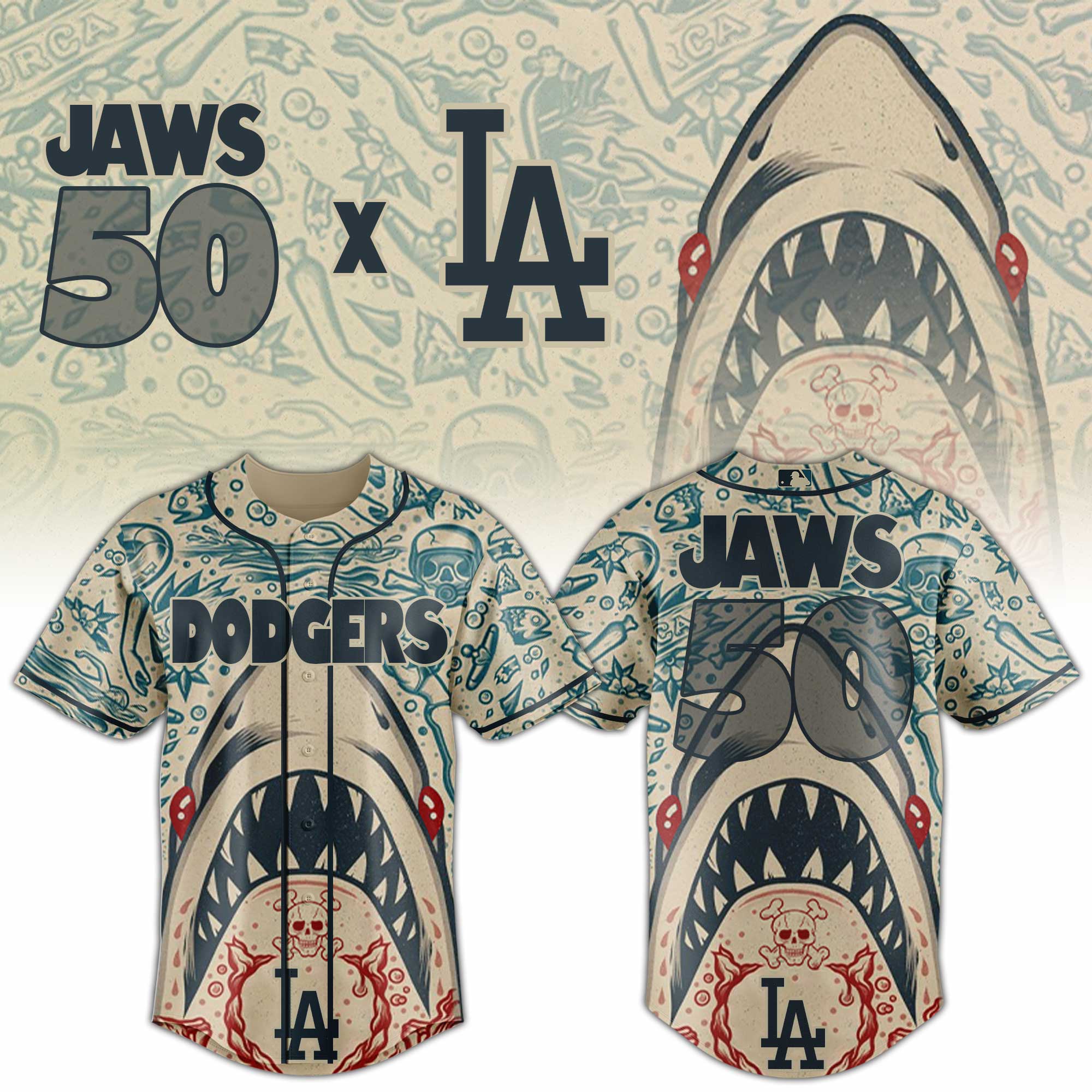 Los Angeles Dodgers Mlb X Jaws 50th Anniversary Custom Baseball Jersey