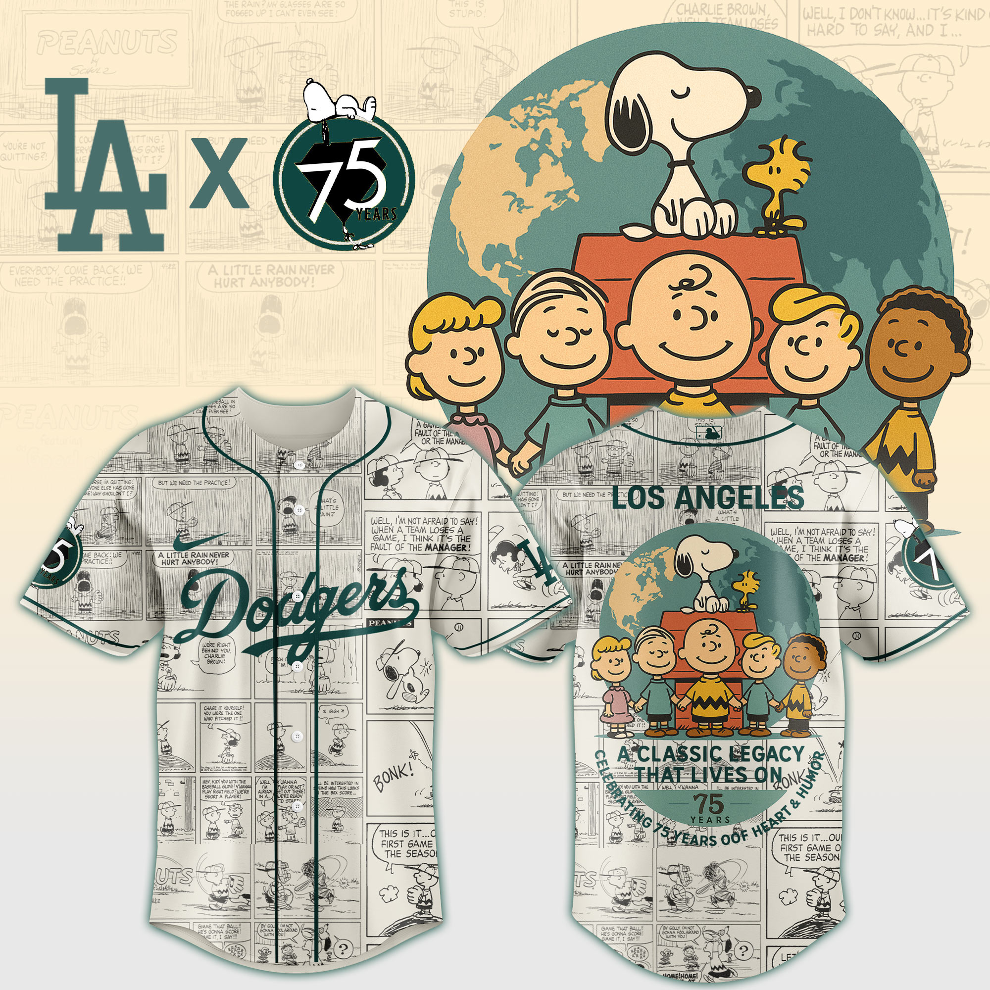 Los Angeles Dodgers Mlb X Peanuts 75th Anniversary Custom Baseball Jersey