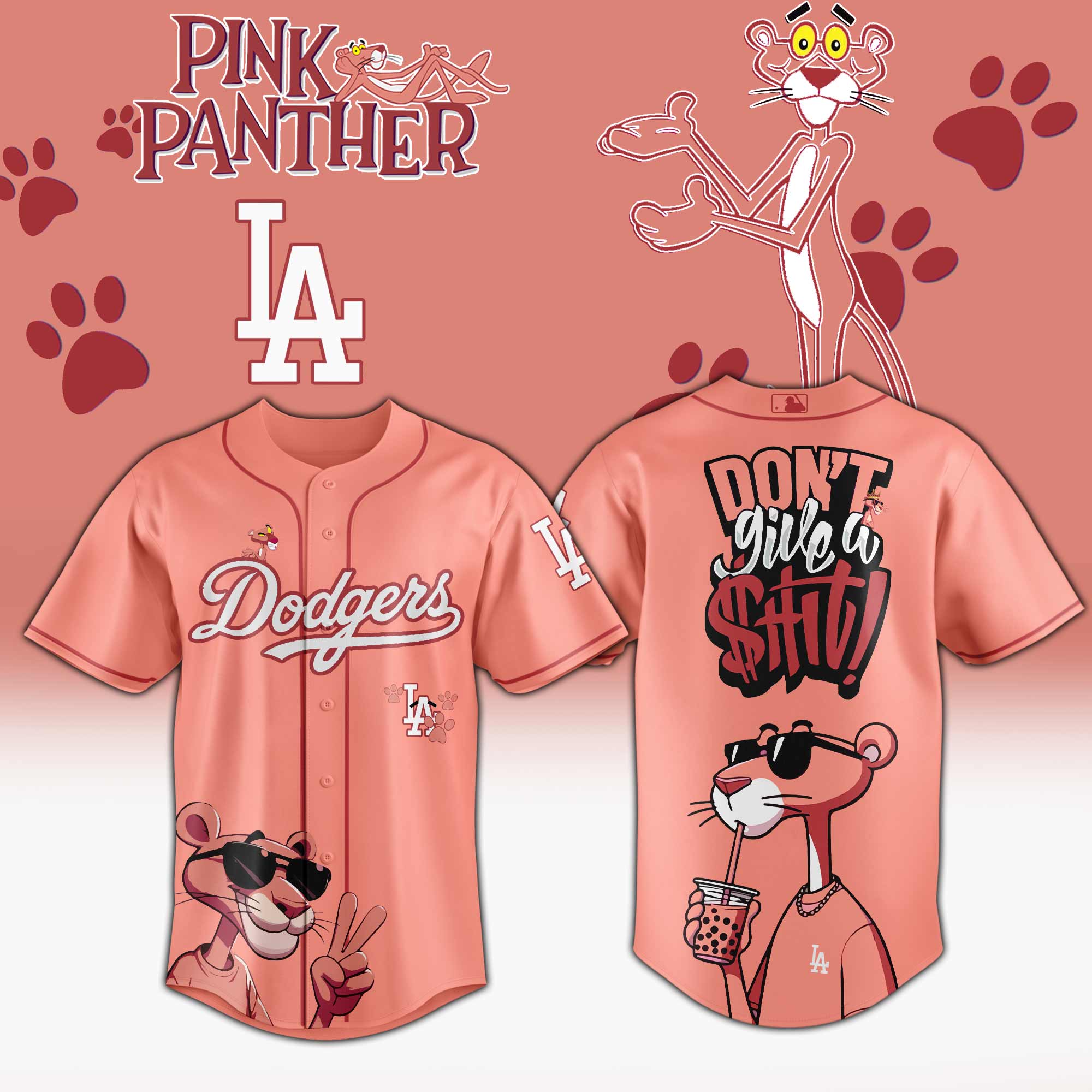 Los Angeles Dodgers Mlb X Pink Panther Cool Panther Custom Baseball Jersey