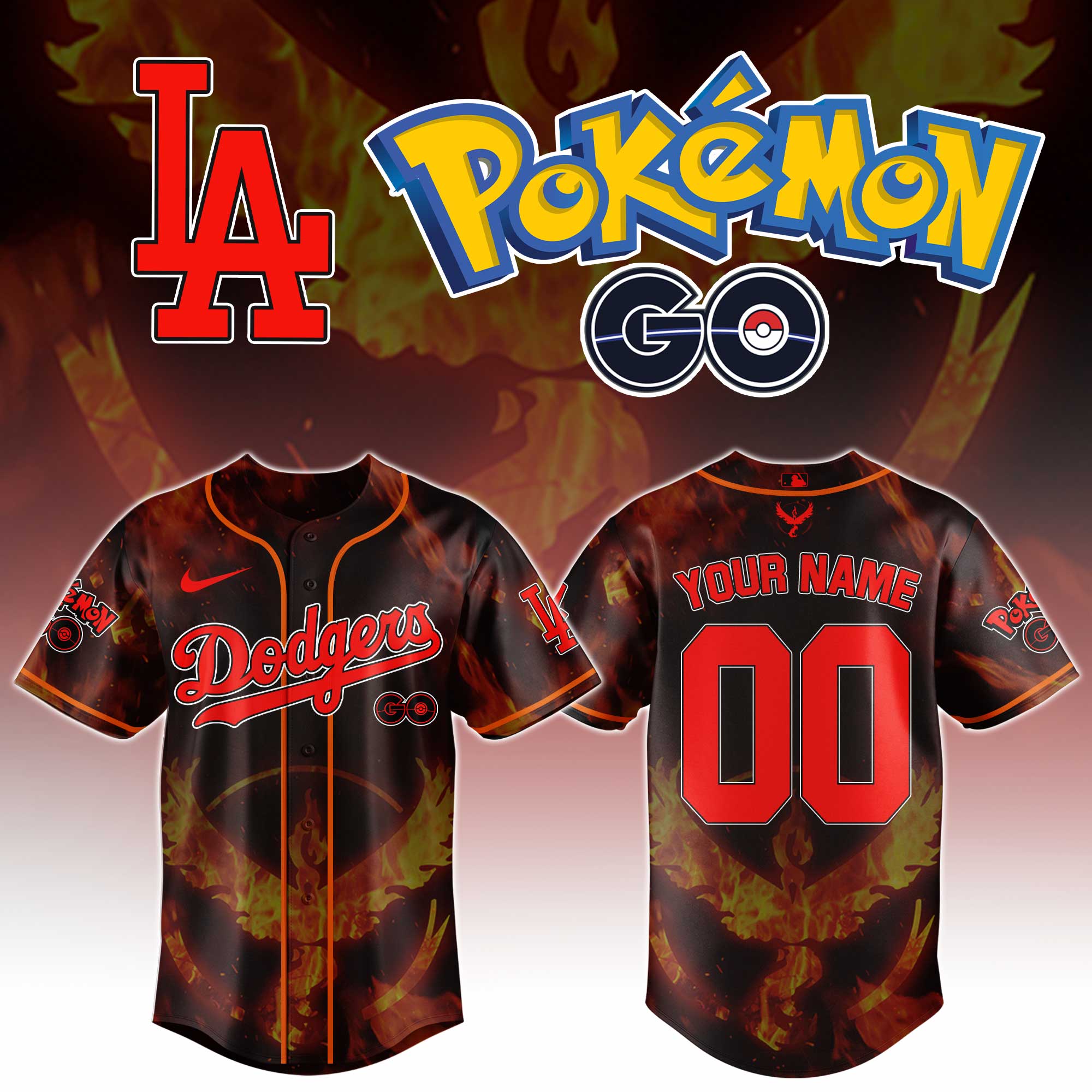 Los Angeles Dodgers Mlb X Pokemon Go Moltres Custom Baseball Jersey Custom Name And Number