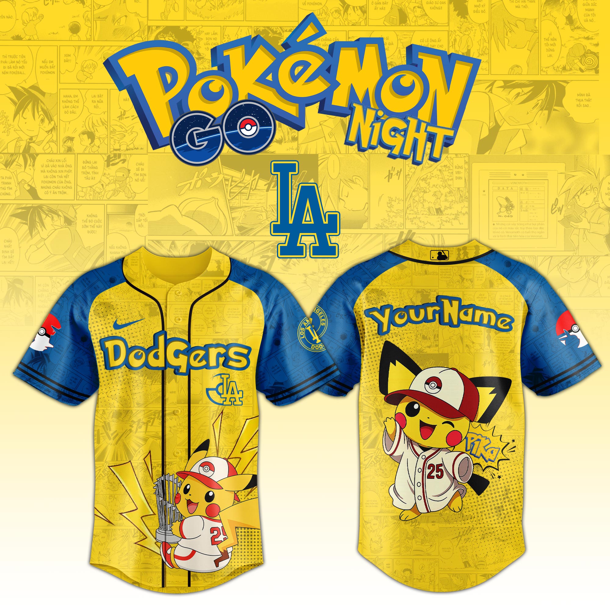 Los Angeles Dodgers Mlb X Pokemon Pichu Pikachu Custom Baseball Jersey Custom Name