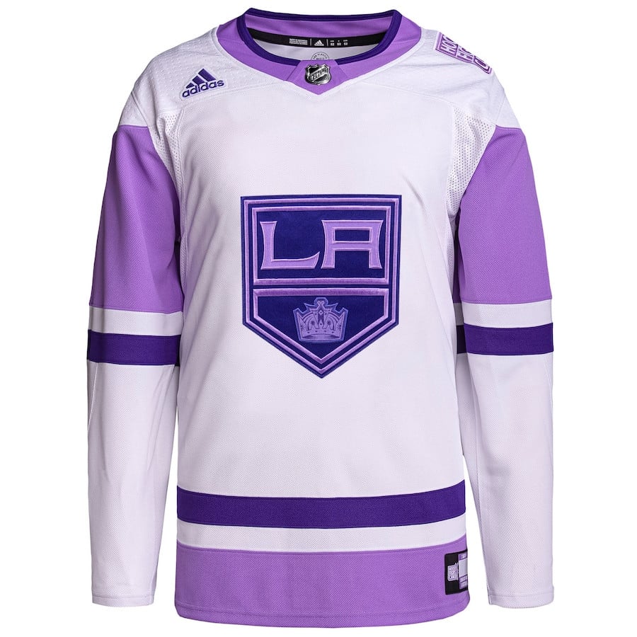 Alternative view of Los Angeles Kings Hockey Fights Cancer Primegreen Custom Men Hockey Jersey - White/Purple - JS265 