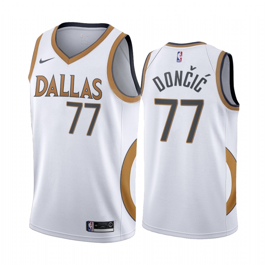 Luka Doncic Dallas Mavericks White City Edition Gold Silver Logo 2020-21 Basketball Jersey