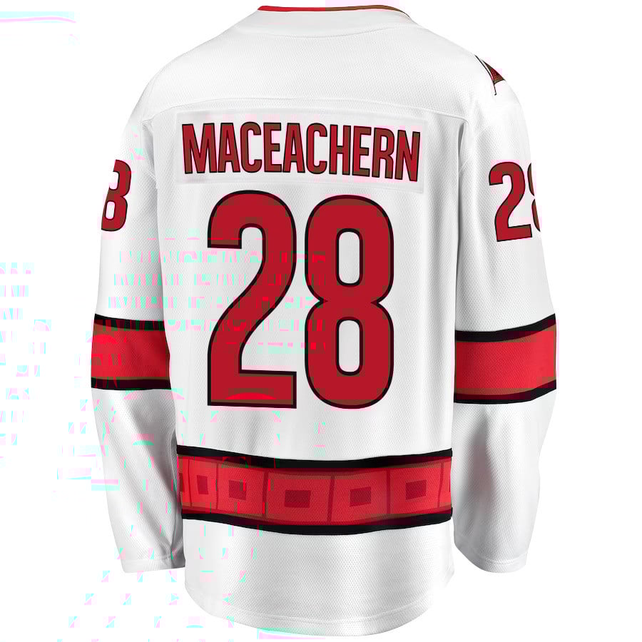 Alternative view of MacKenzie MacEachern 28 Carolina Hurricanes Stanley Cup 2023 Playoffs Patch Away Breakaway Men Hockey Jersey - White - JS373 