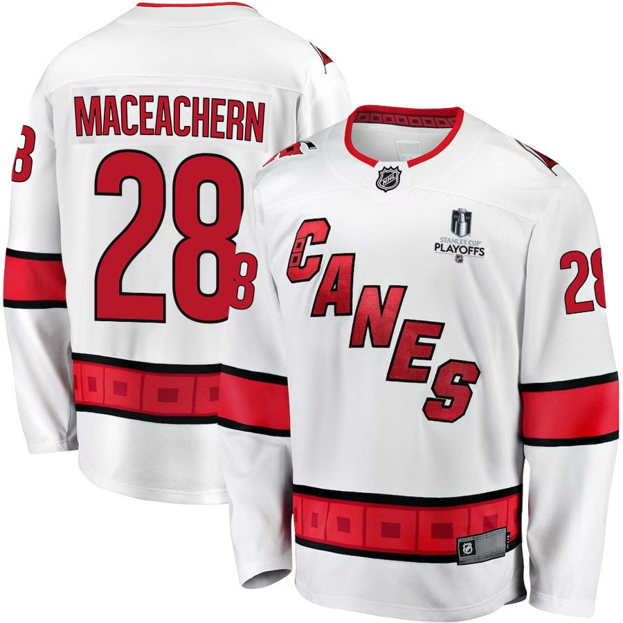 MacKenzie MacEachern 28 Carolina Hurricanes Stanley Cup 2023 Playoffs Patch Away Breakaway Men Hockey Jersey - White - JS373 