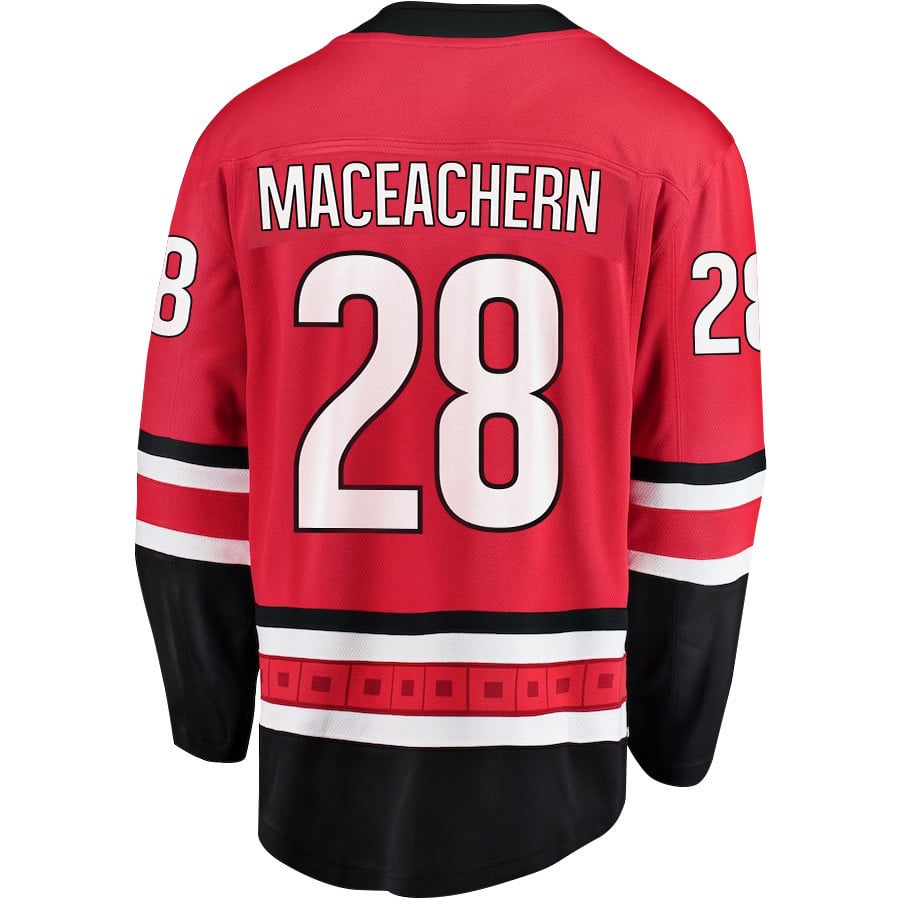 Alternative view of MacKenzie MacEachern 28 Carolina Hurricanes Stanley Cup 2023 Playoffs Patch Home Breakaway Men Hockey Jersey - Red - JS338 
