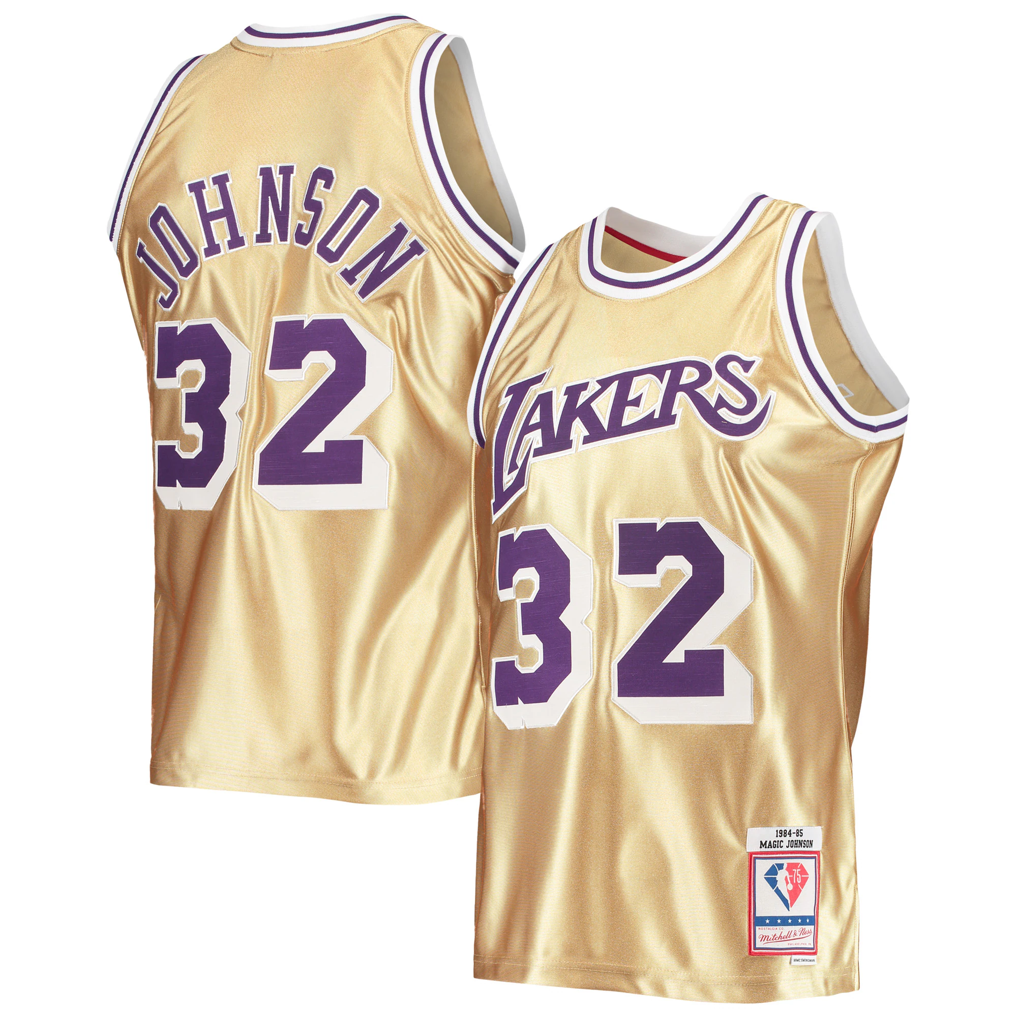 Alternative view of Magic Johnson Los Angeles Lakers Mitchell & Ness 75th Anniversary 1984/85 Hardwood Classics Swingman Basketball Jersey - Gold
