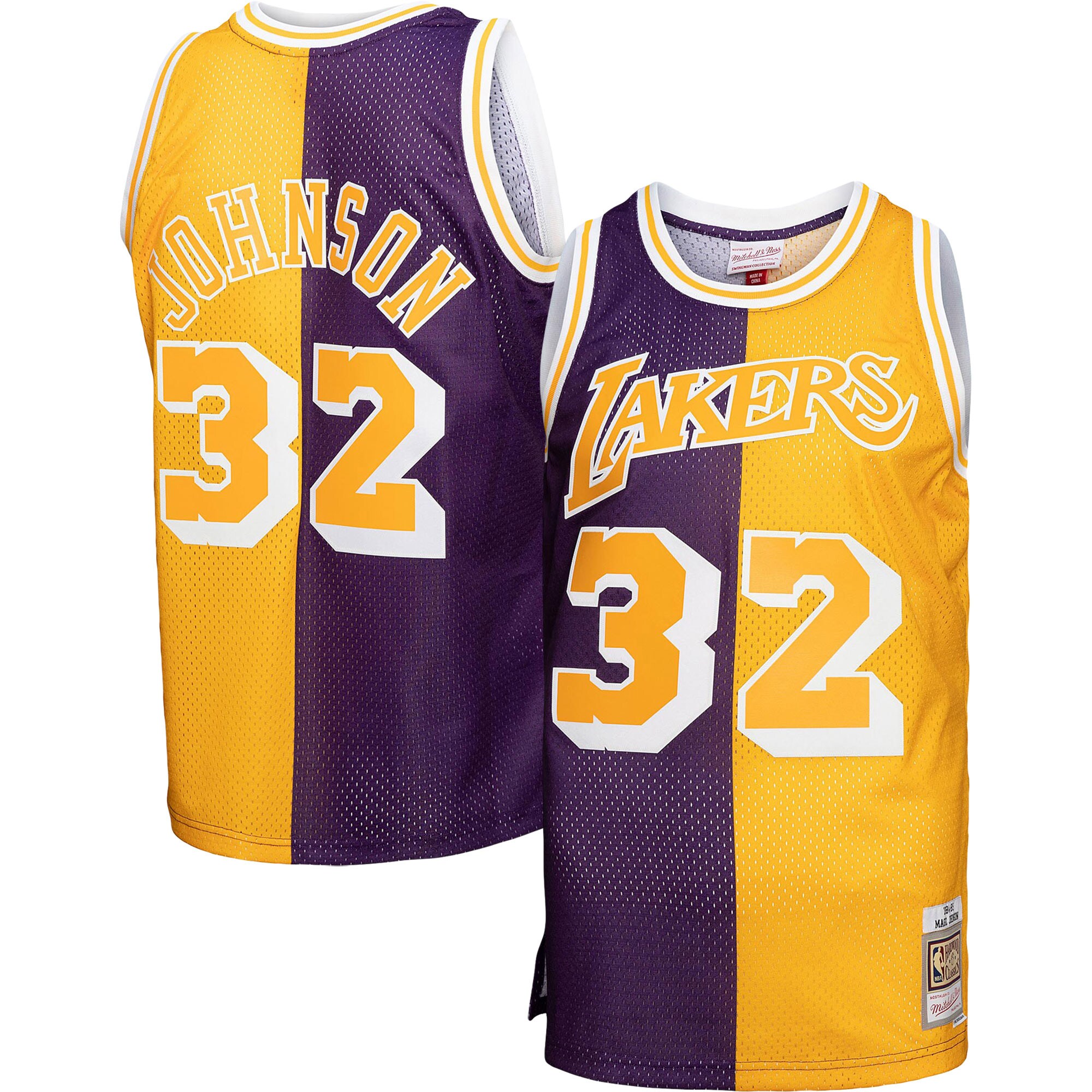 Alternative view of Magic Johnson Los Angeles Lakers Mitchell & Ness Big & Tall Hardwood Classics 1984/85 Split Swingman Basketball Jersey - Purple/gold